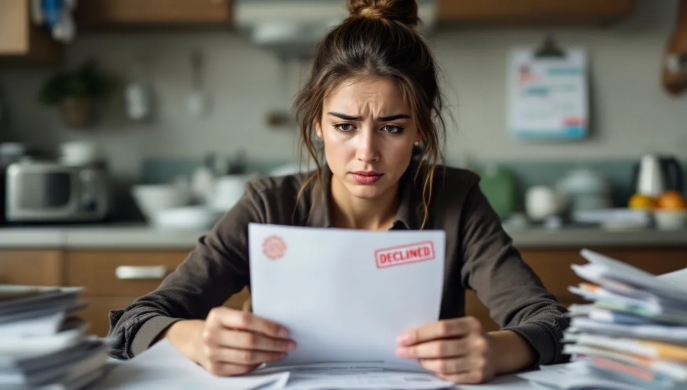 Woman looking worried while holding document stamped "DECLINED" in kitchen with paperwork stacks visible.