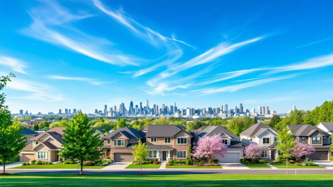 suburban neighborhood with houses and skyline