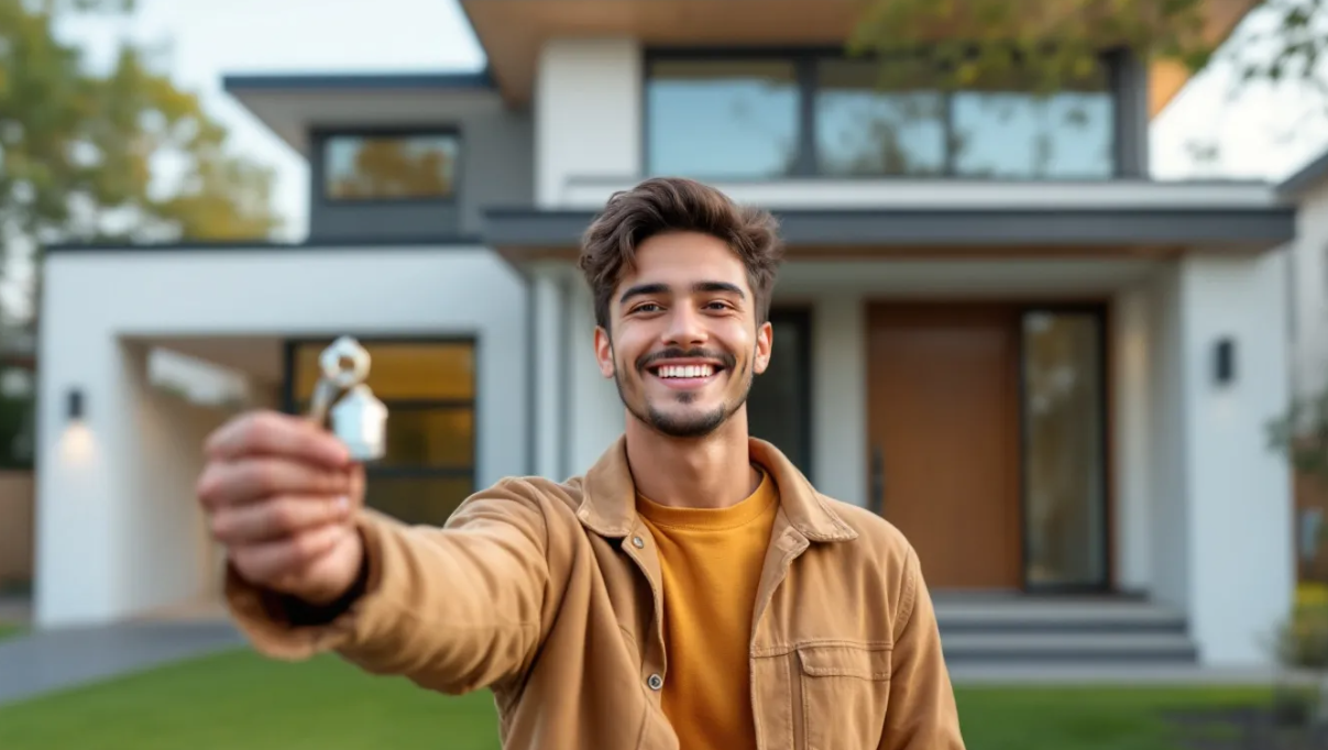 person holding key in front of new house