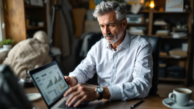 man looking at tablet with savings chart