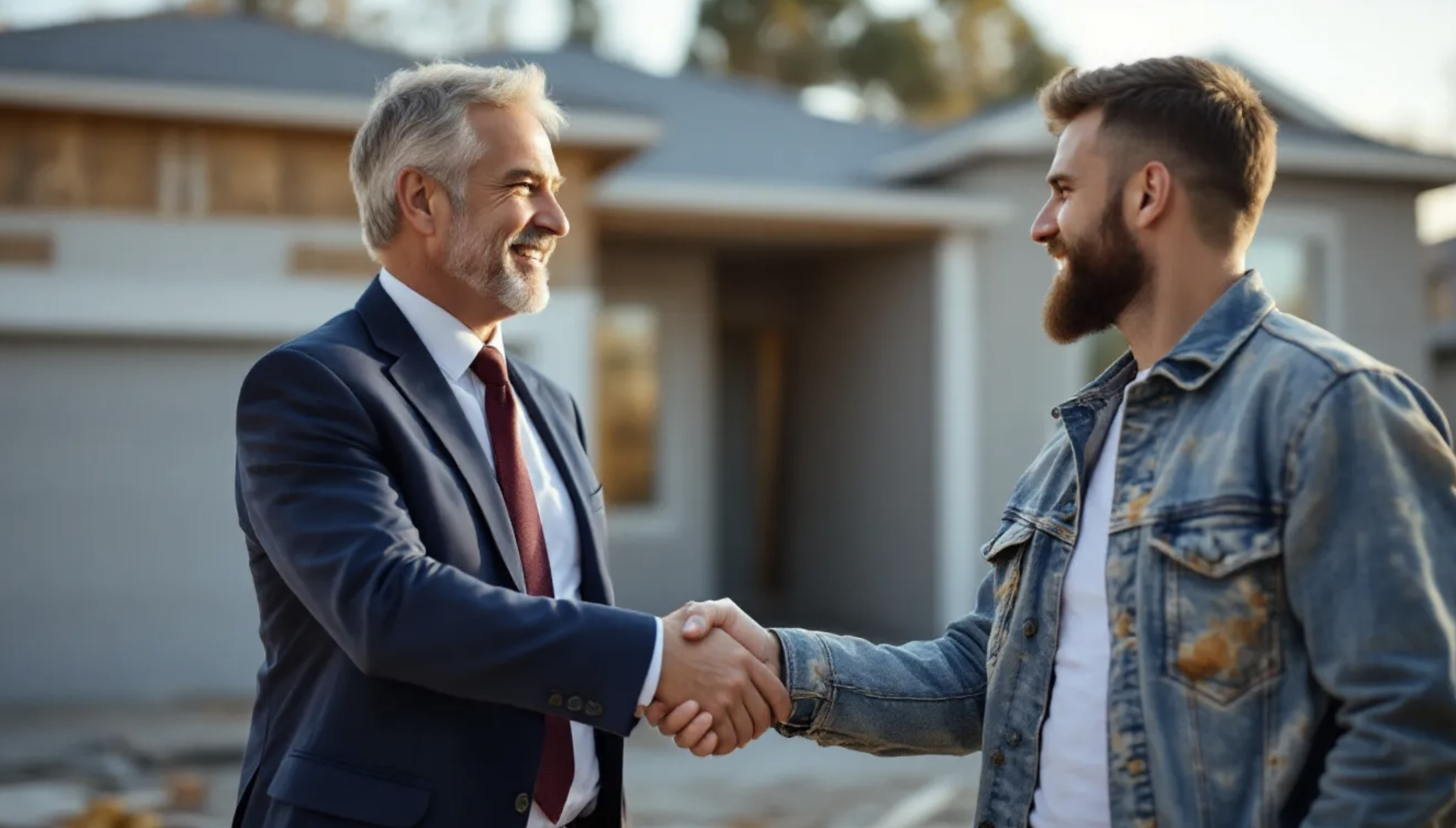 real estate agent shaking hands with builder