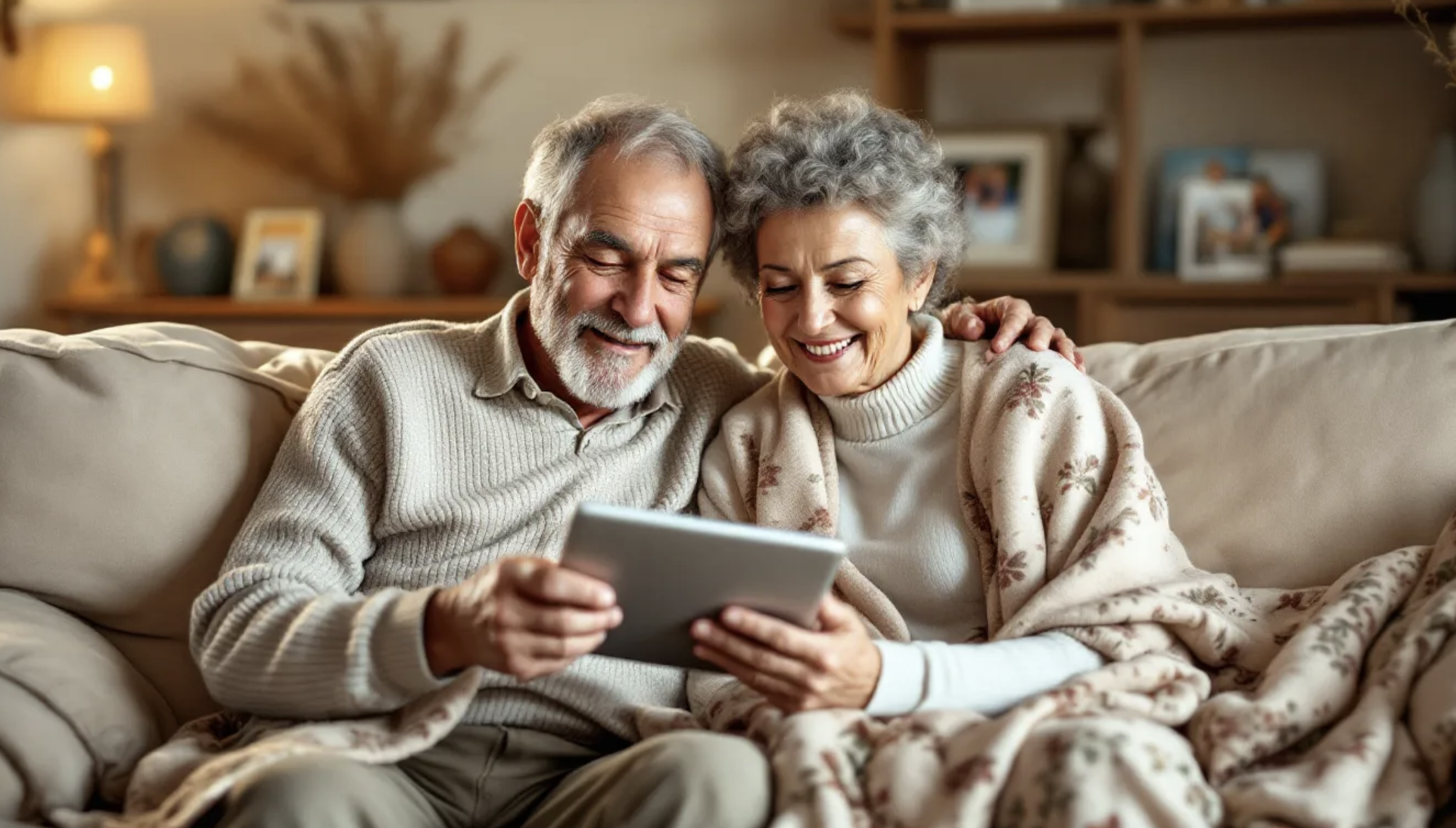 elderly couple using tablet at home for reverse mortgage technology