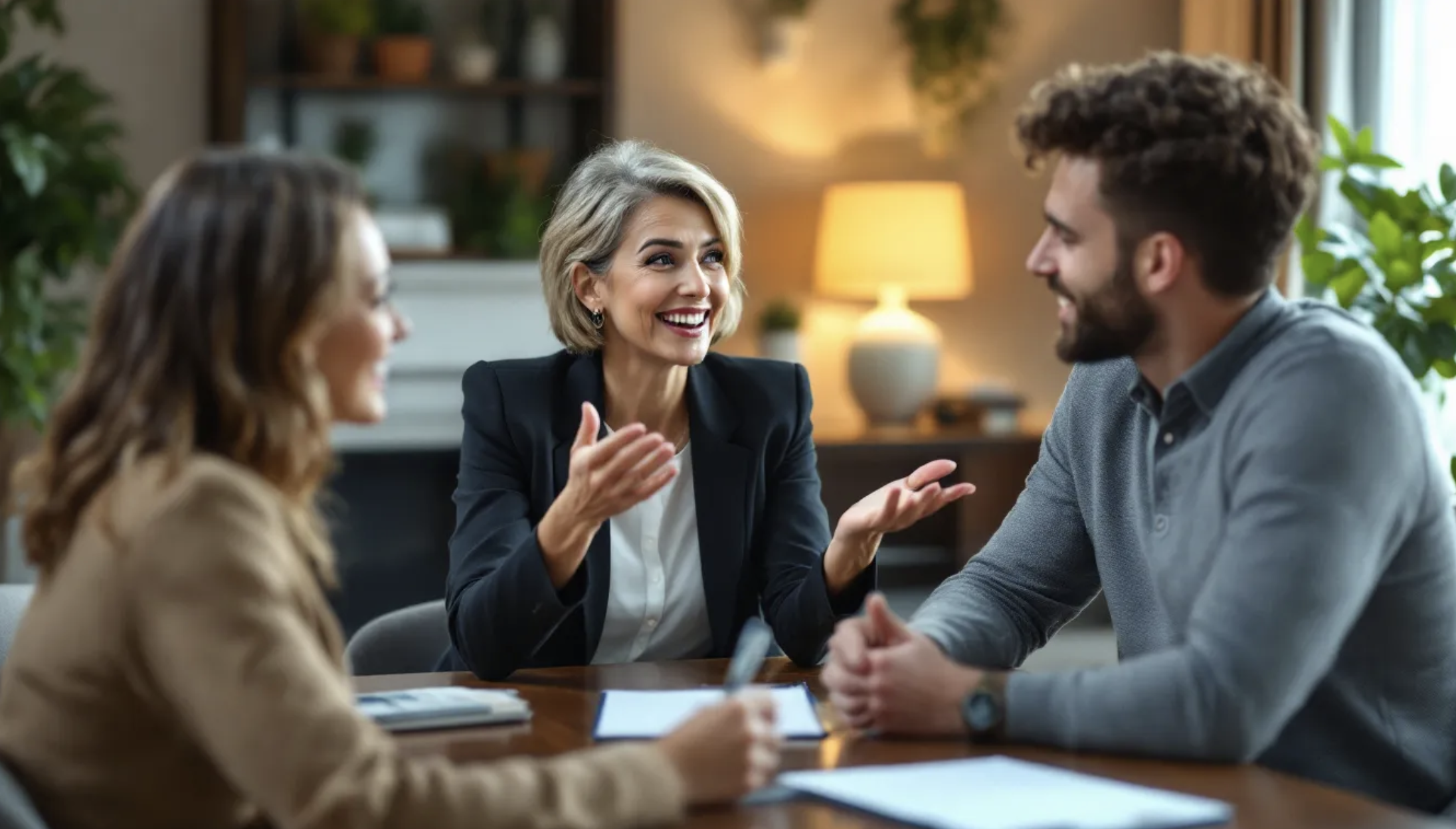 real estate agent talking to clients at table