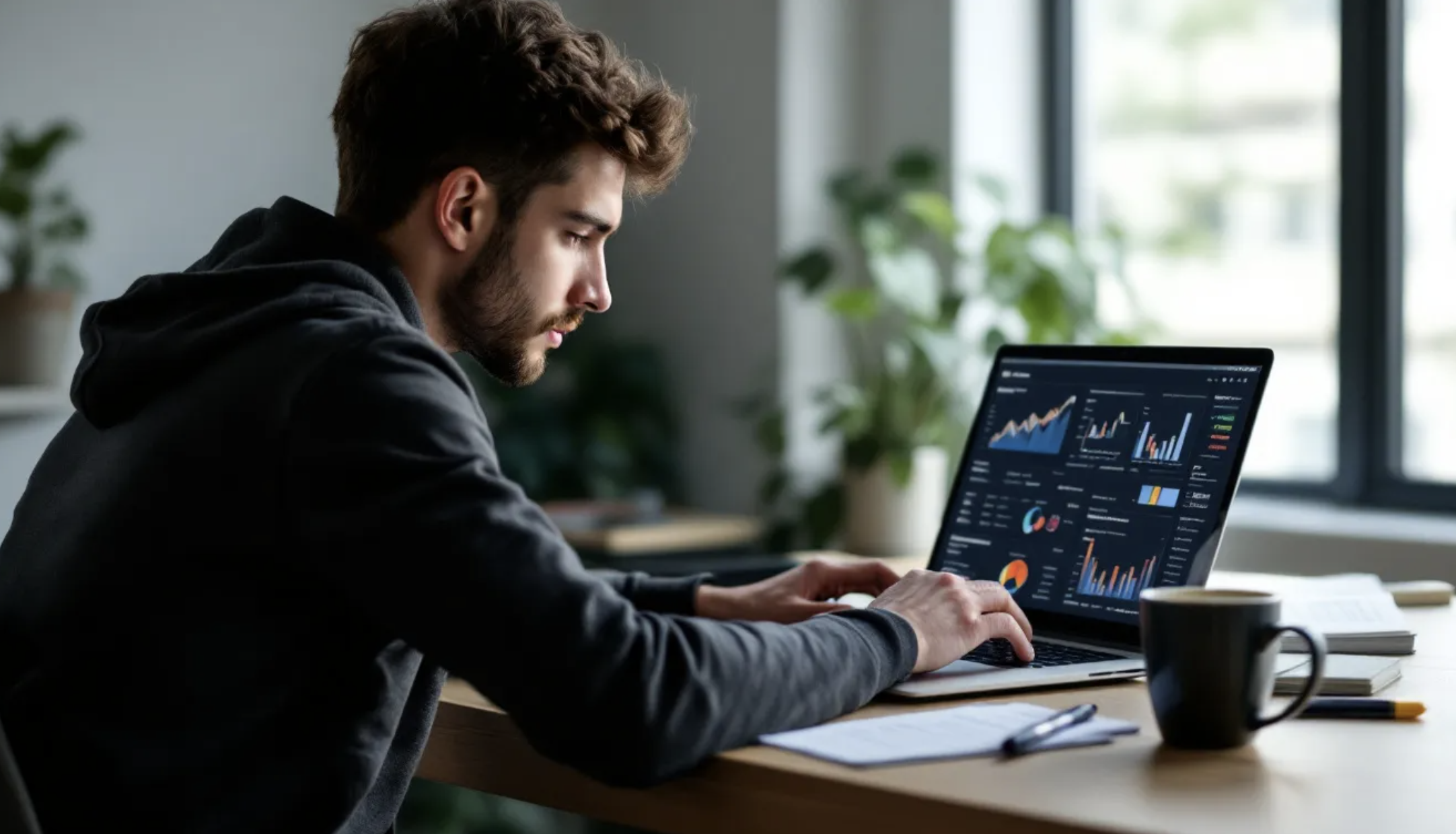 person using laptop analyzing online housing data