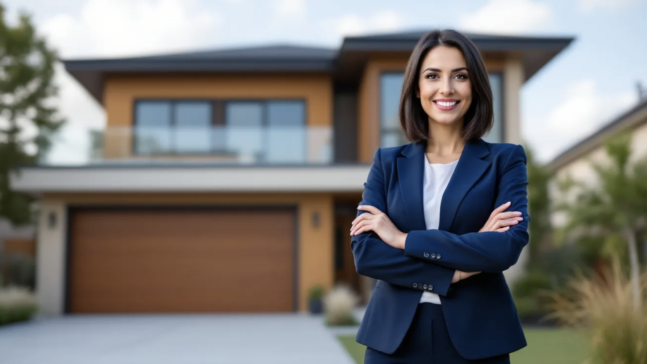 confident realtor standing outside home