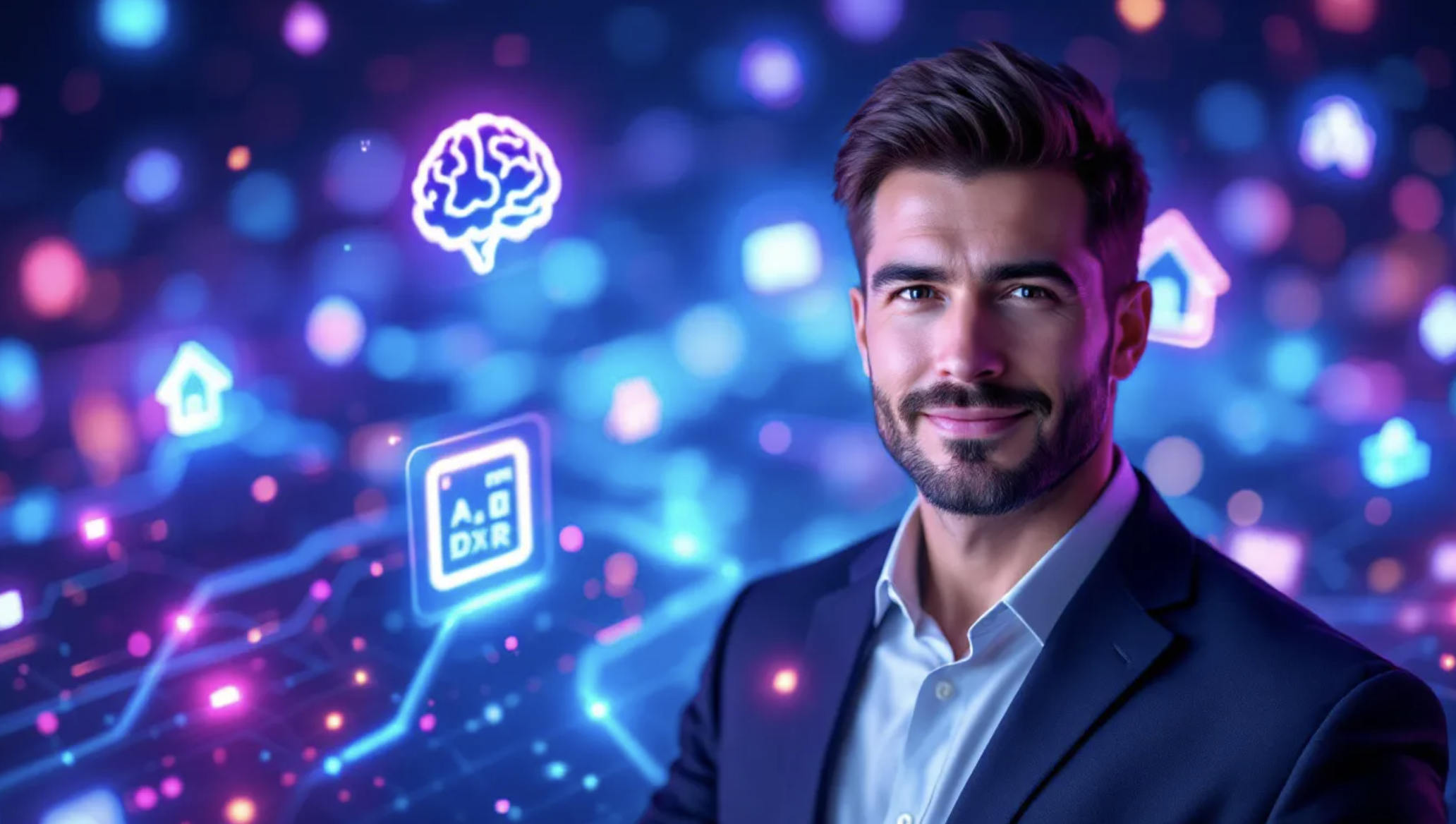 Top real estate software tools 2025 thumbnail featuring high-tech dashboard, glowing CRM and AI icons, and a confident real estate agent
