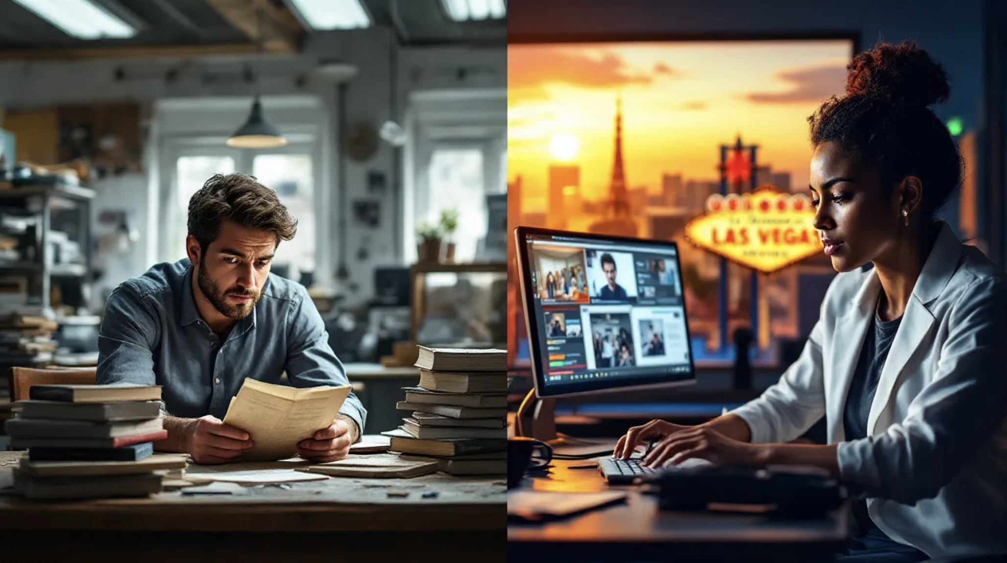 Split screen image showing traditional classroom vs. modern online real estate training with Las Vegas skyline in background.