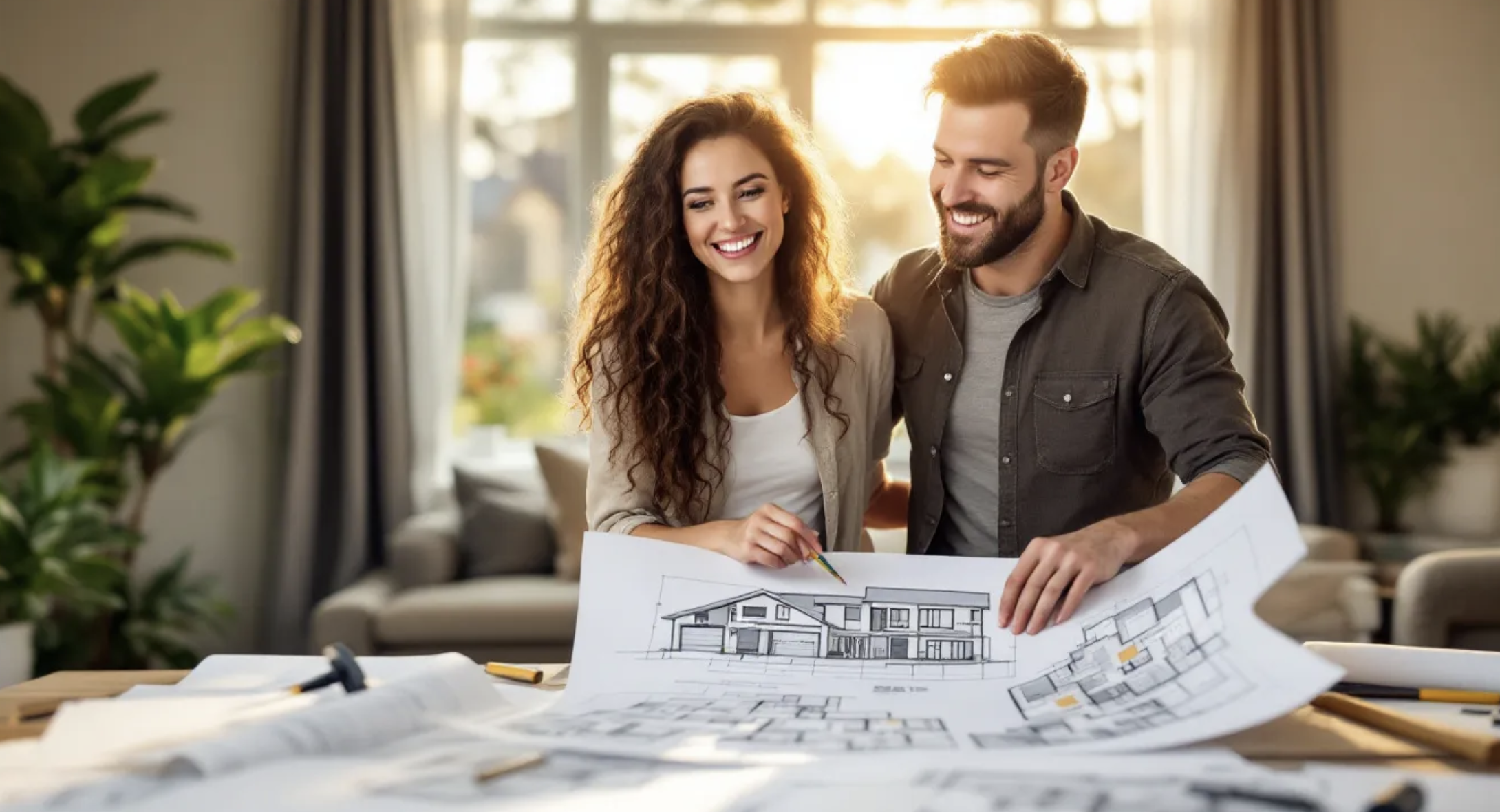 smiling couple with house plans