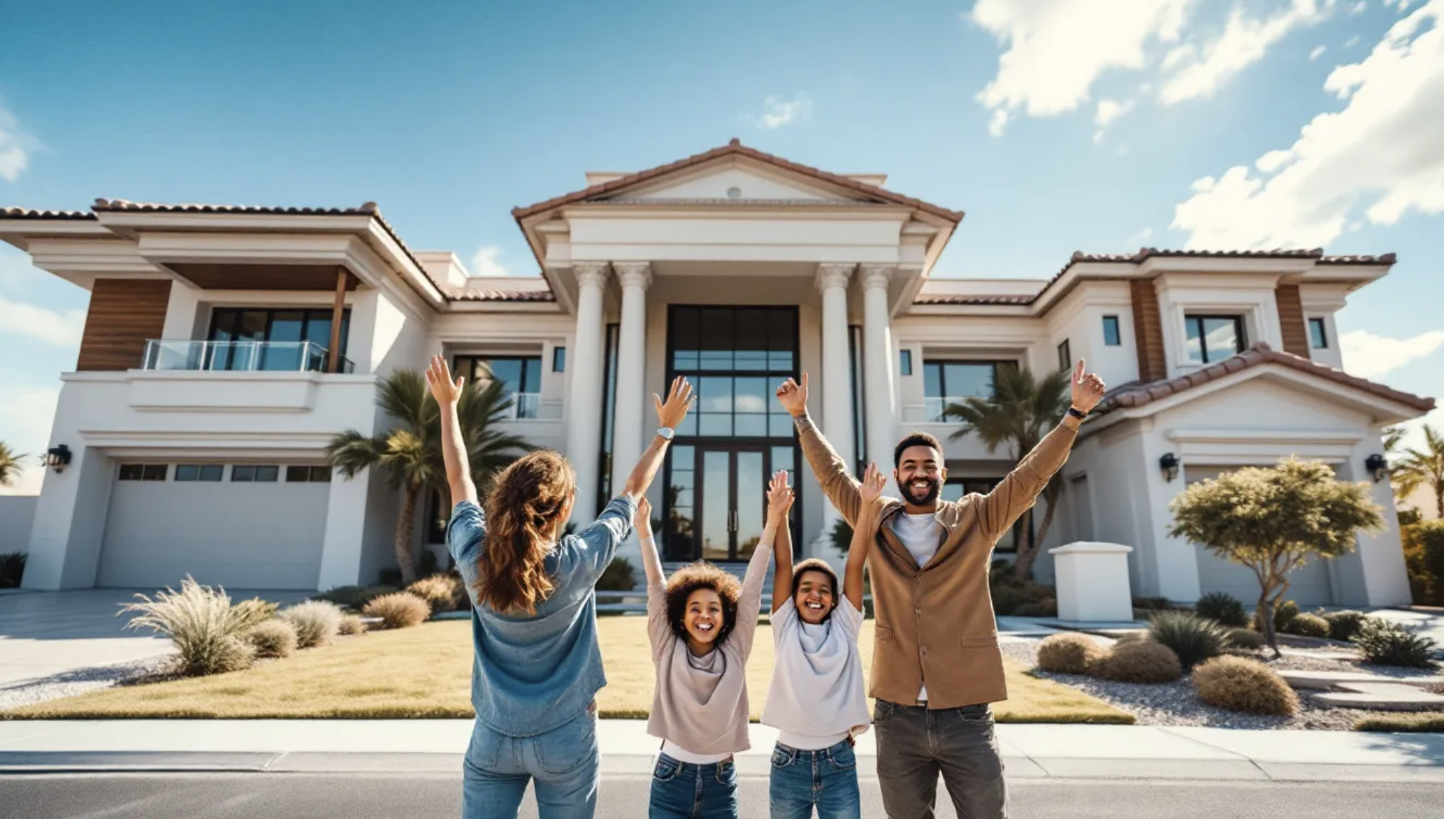 Massive Las Vegas McMansion with family posing in front, highlighting suburban housing trend and American dream