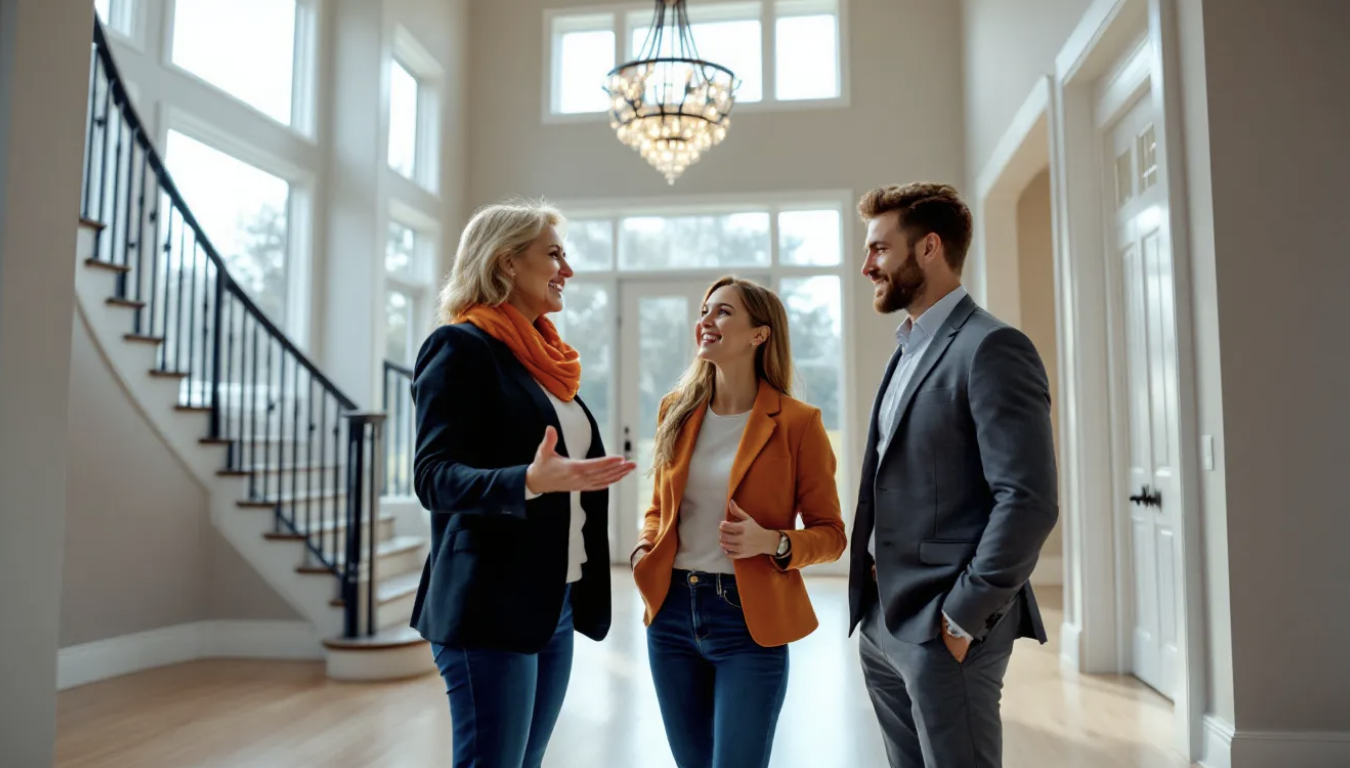 real estate agent showing new home to buyers
