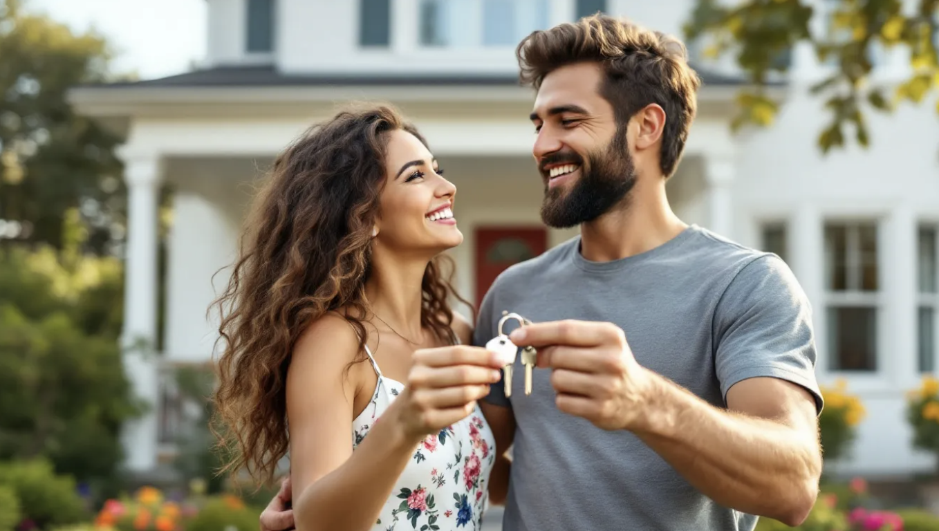 happy couple with house keys in new home
