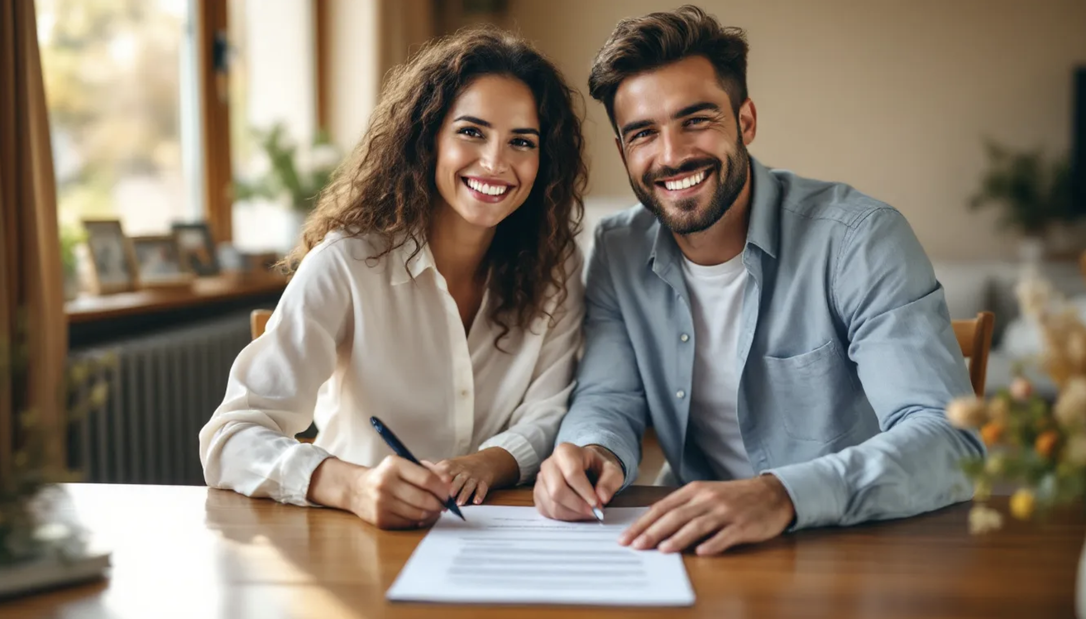 happy couple signing mortgage documents