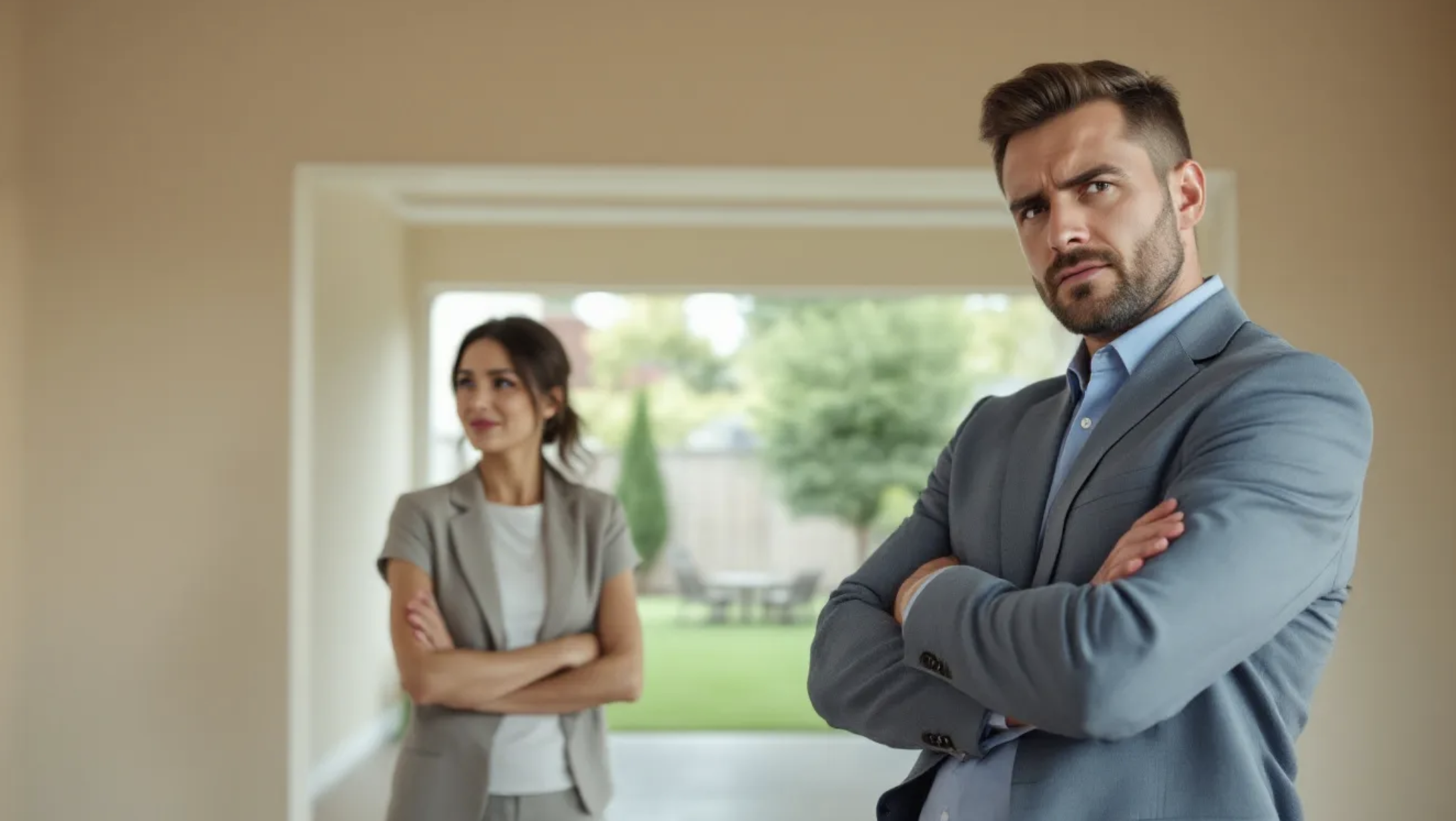 real estate agent showing home with worried buyer