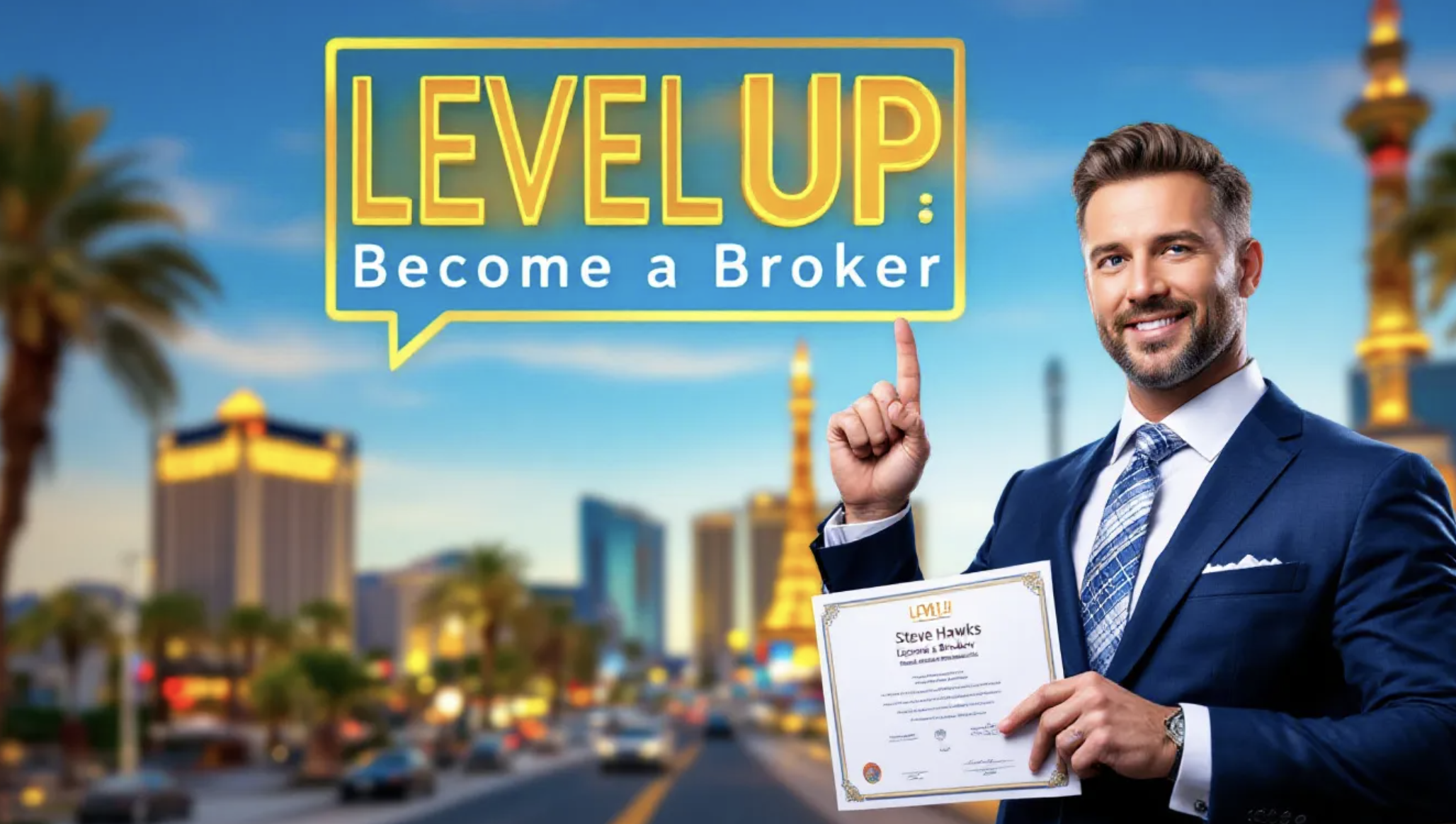 Las Vegas real estate expert holding broker license with city skyline background and bold text 'LEVEL UP: Become a Broker!' to promote step-by-step career guide