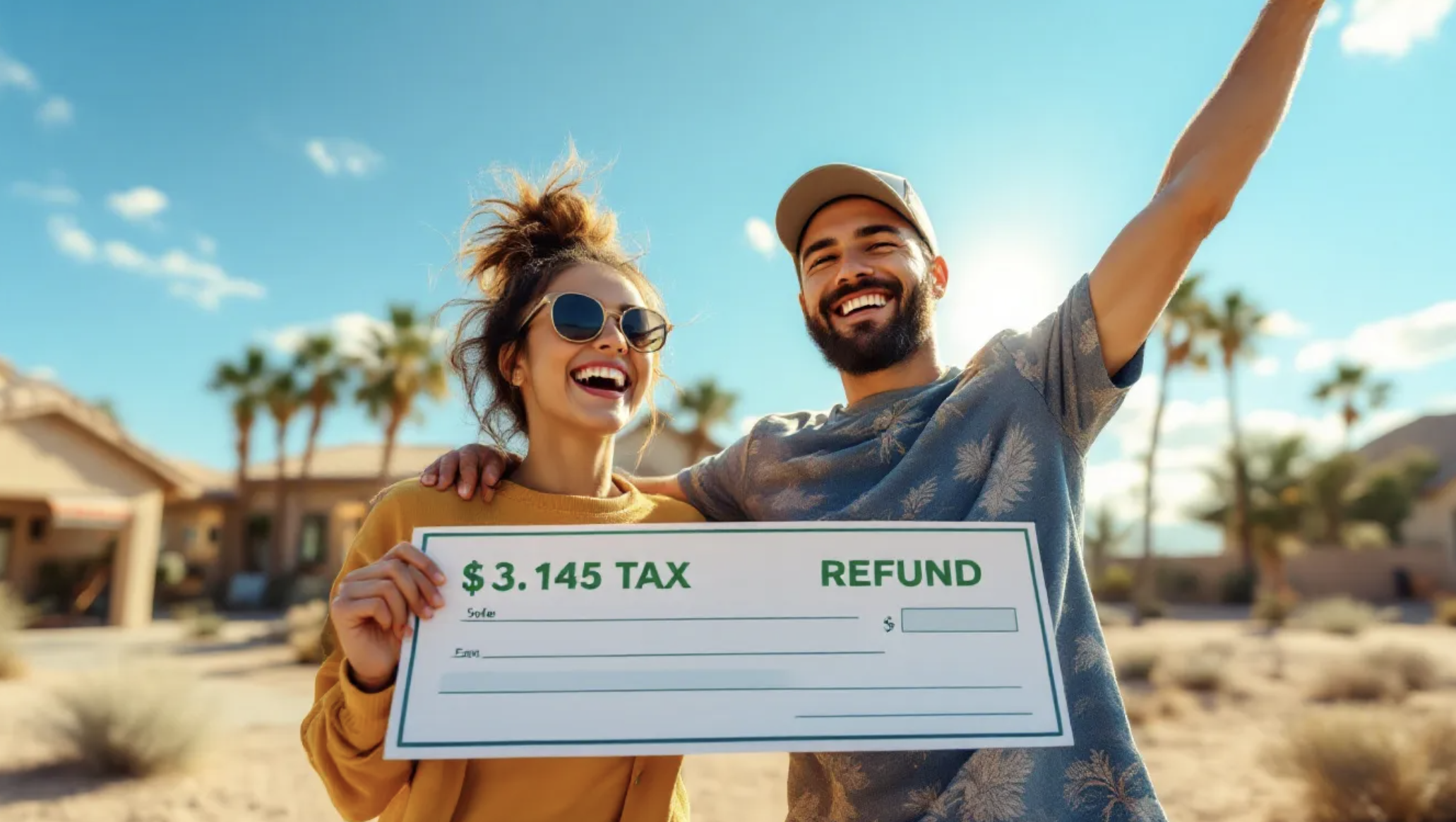 Young couple in front of a sold house holding tax refund check with Las Vegas background, representing using tax refund to buy a home