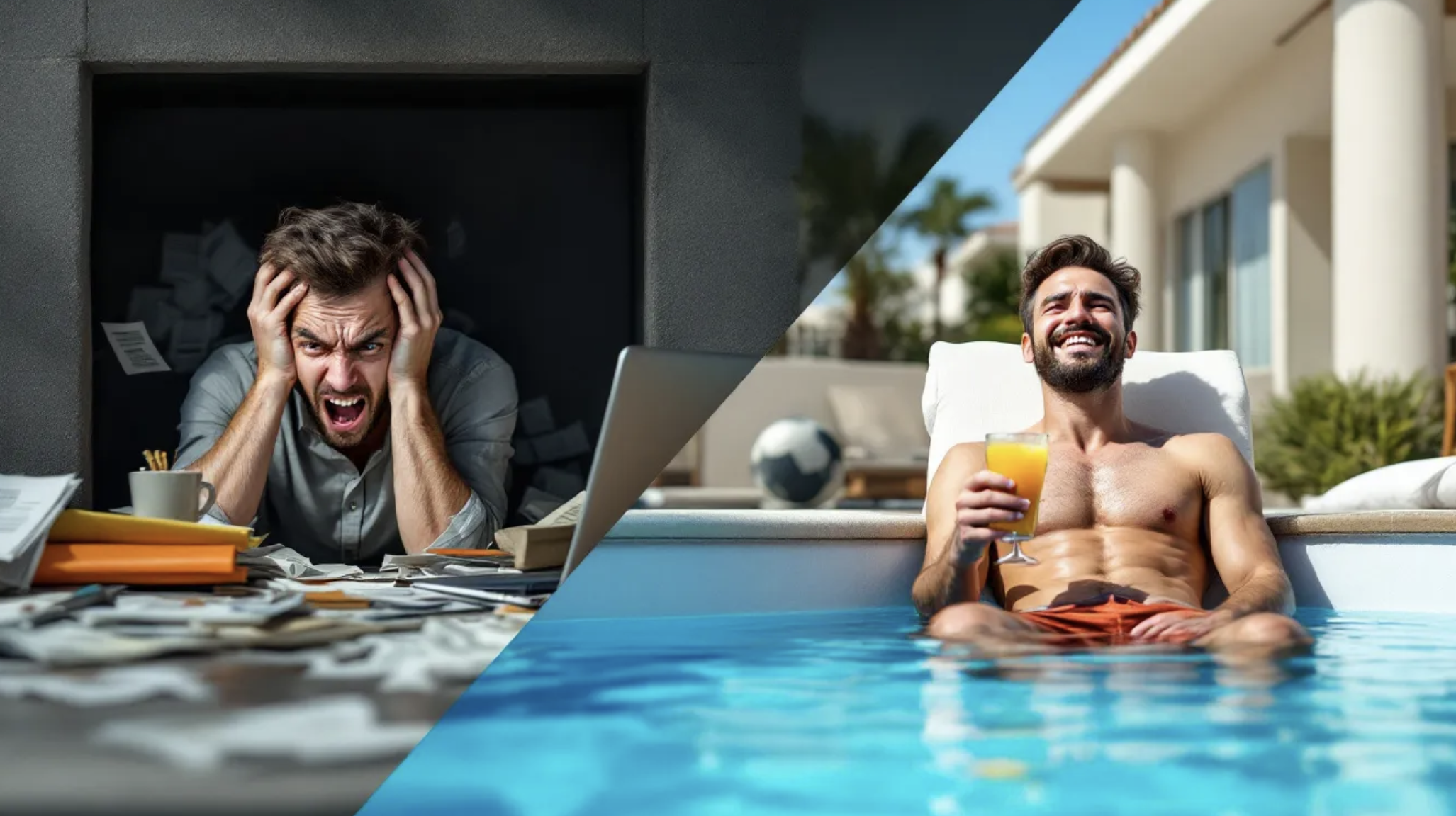 Visual split of stressed worker and relaxed investor in Las Vegas showing financial independence through FIRE and real estate investing
