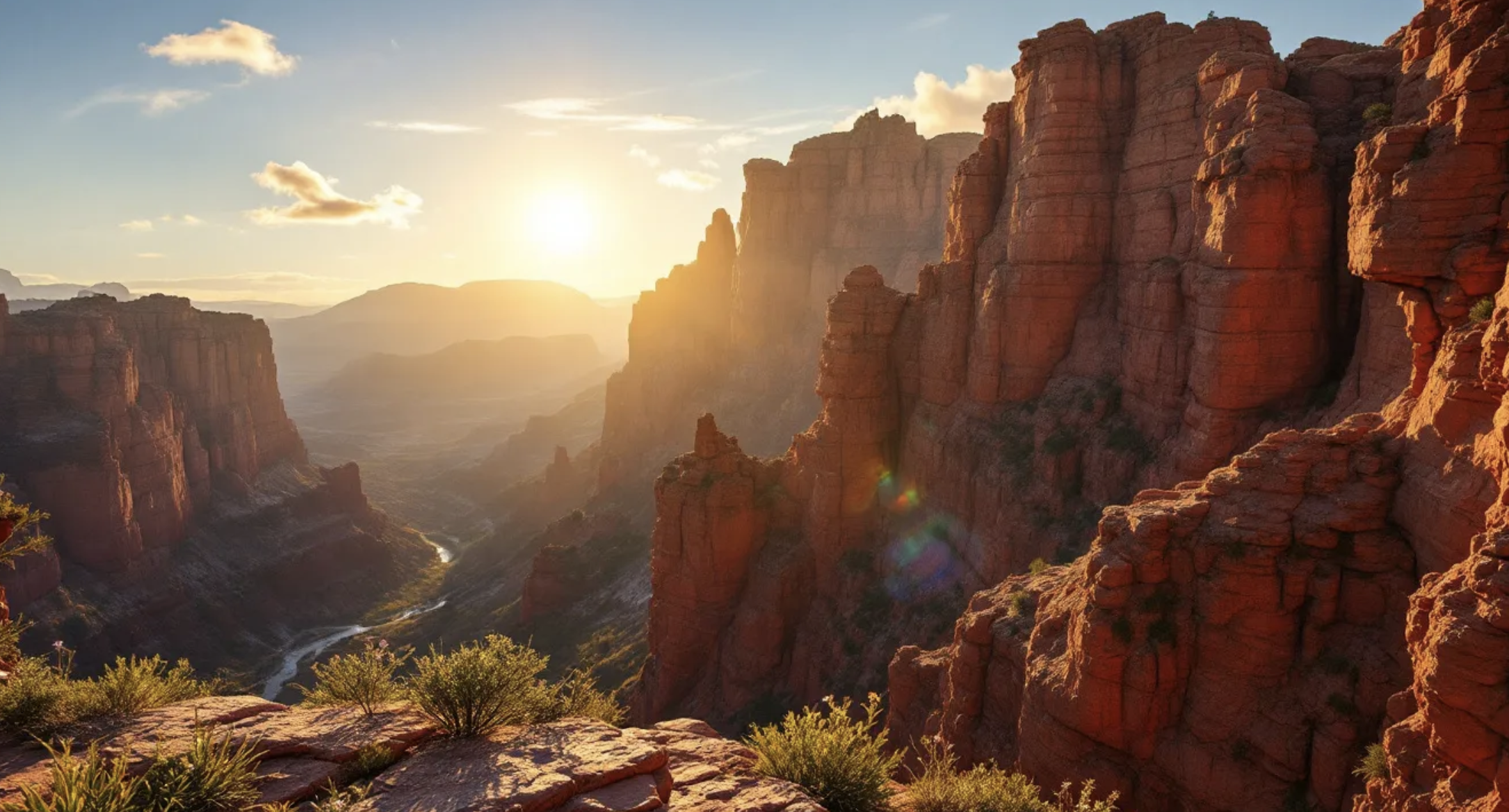 red rock cliffs under midday sun