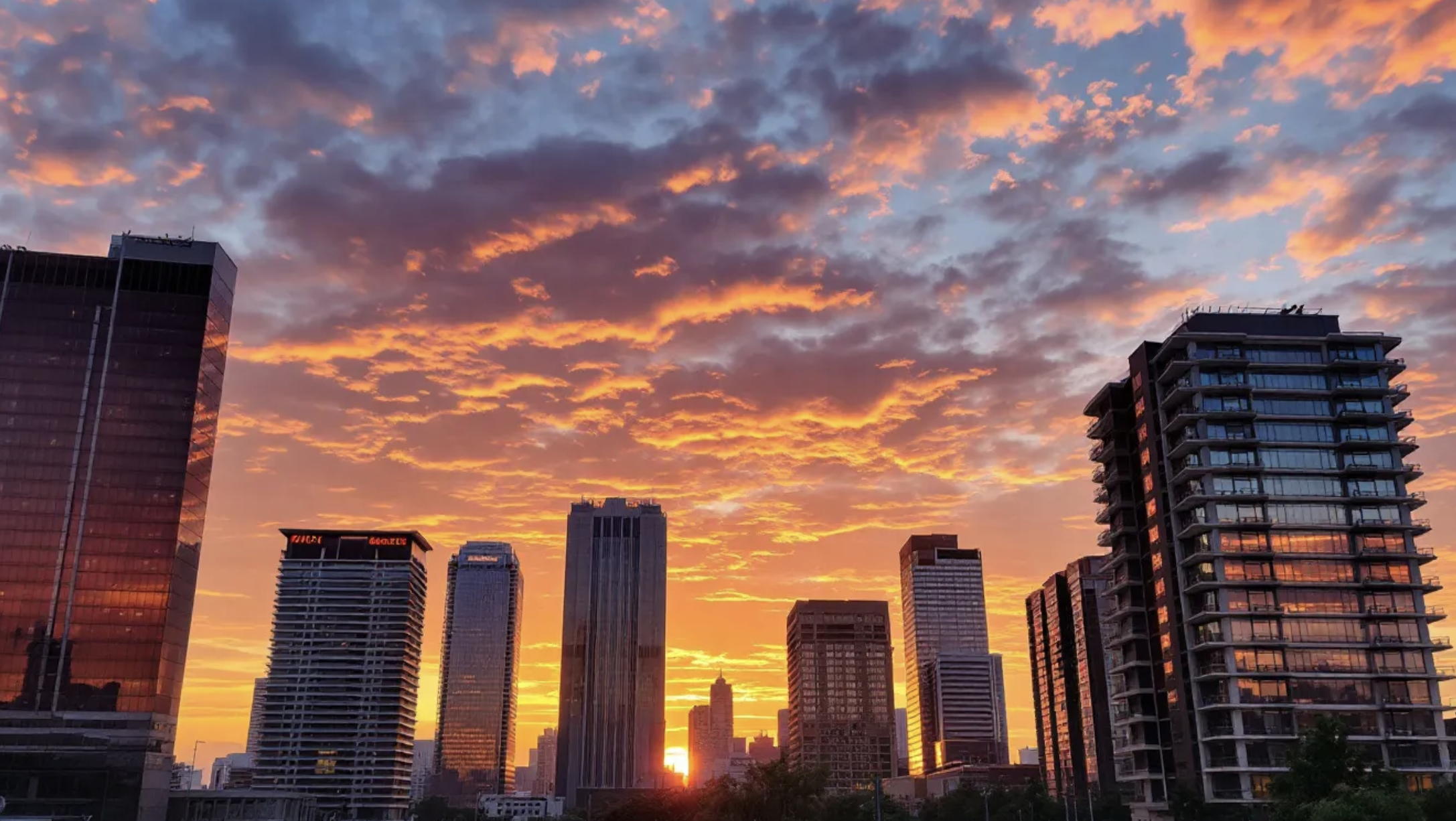 empty downtown office buildings at sunset
