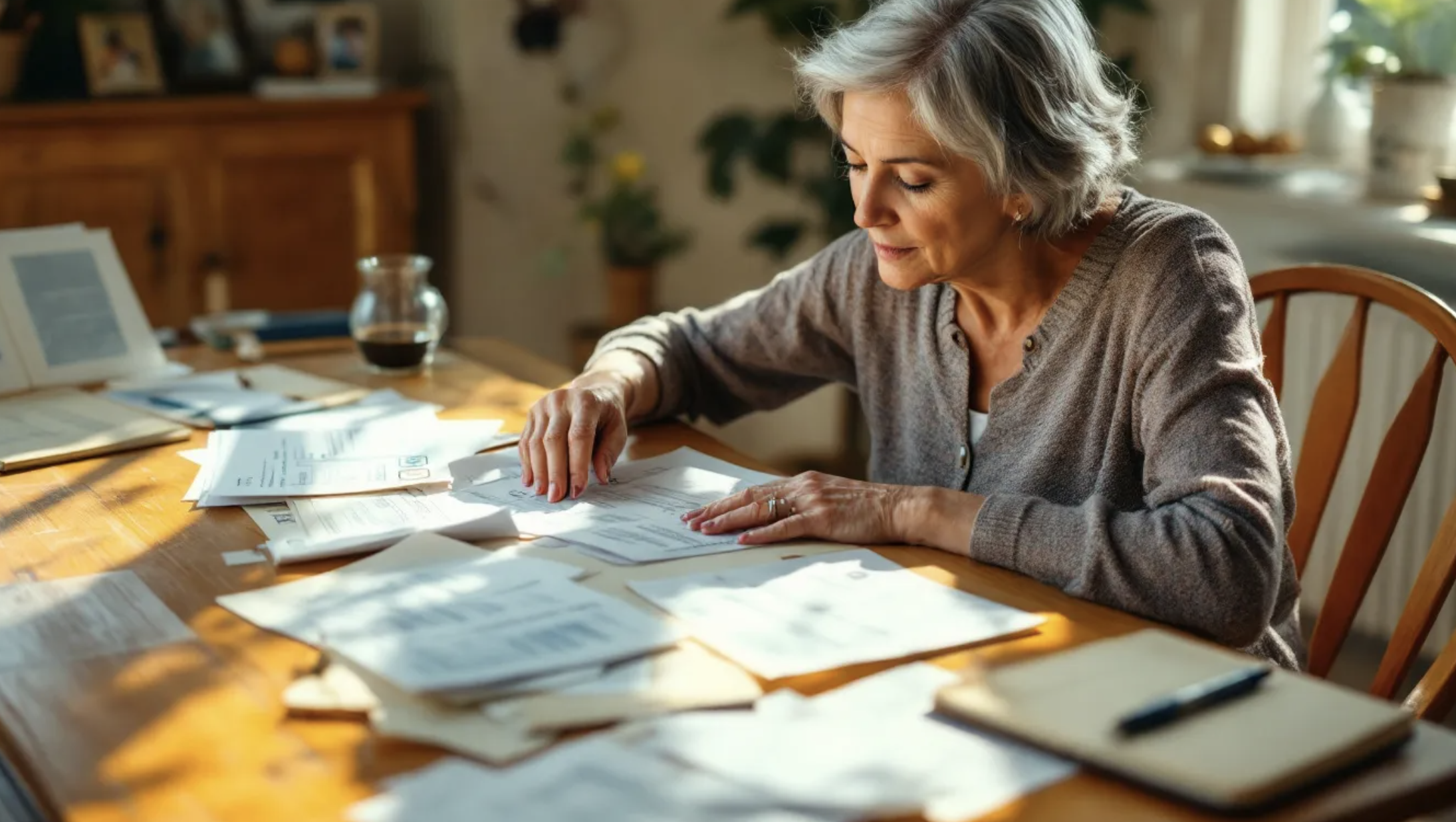 person reviewing paperwork at kitchen table