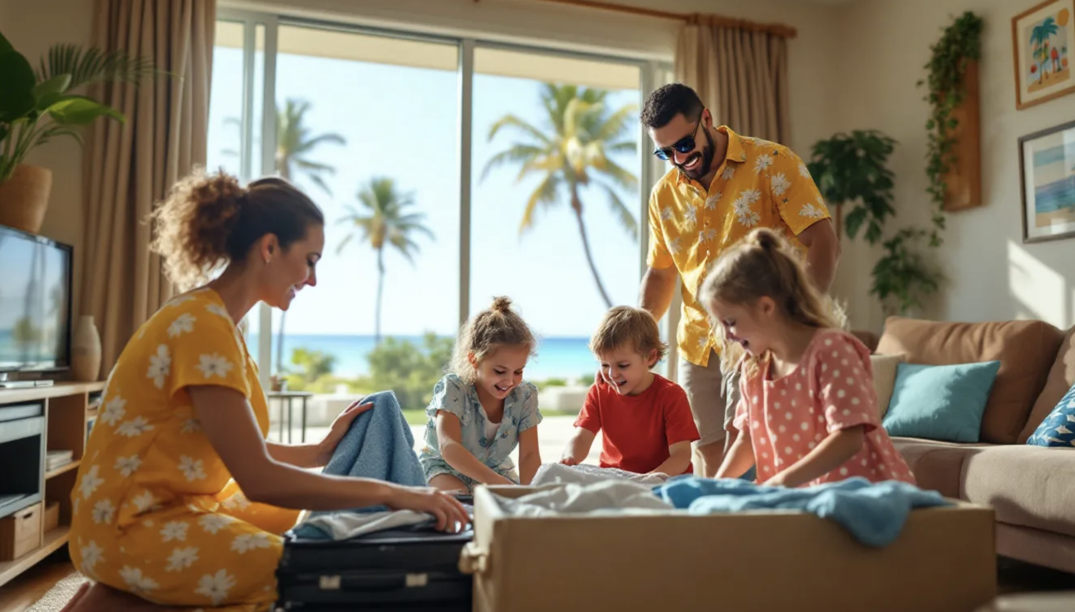 happy family unpacking bags in vacation rental