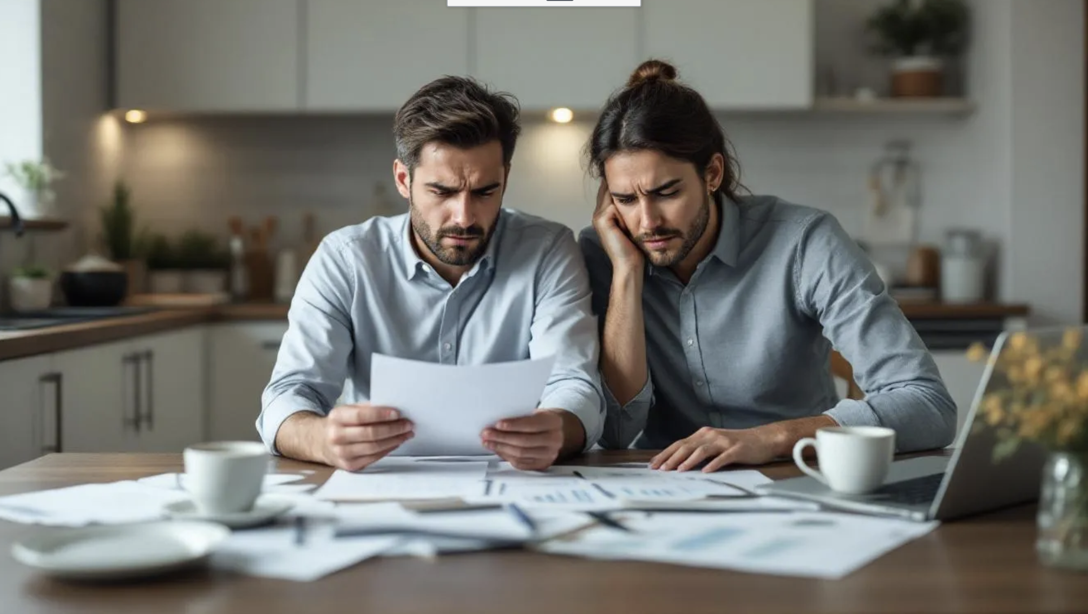 worried couple reviewing housing budget papers