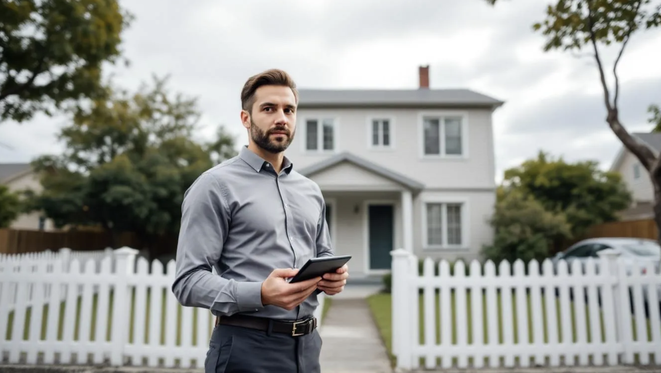 man holding calculator next to rental house