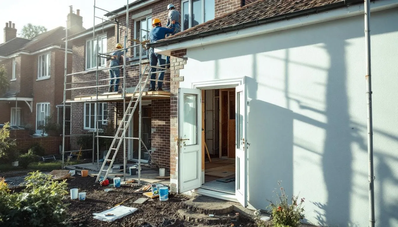 renovated house with scaffolding and tools