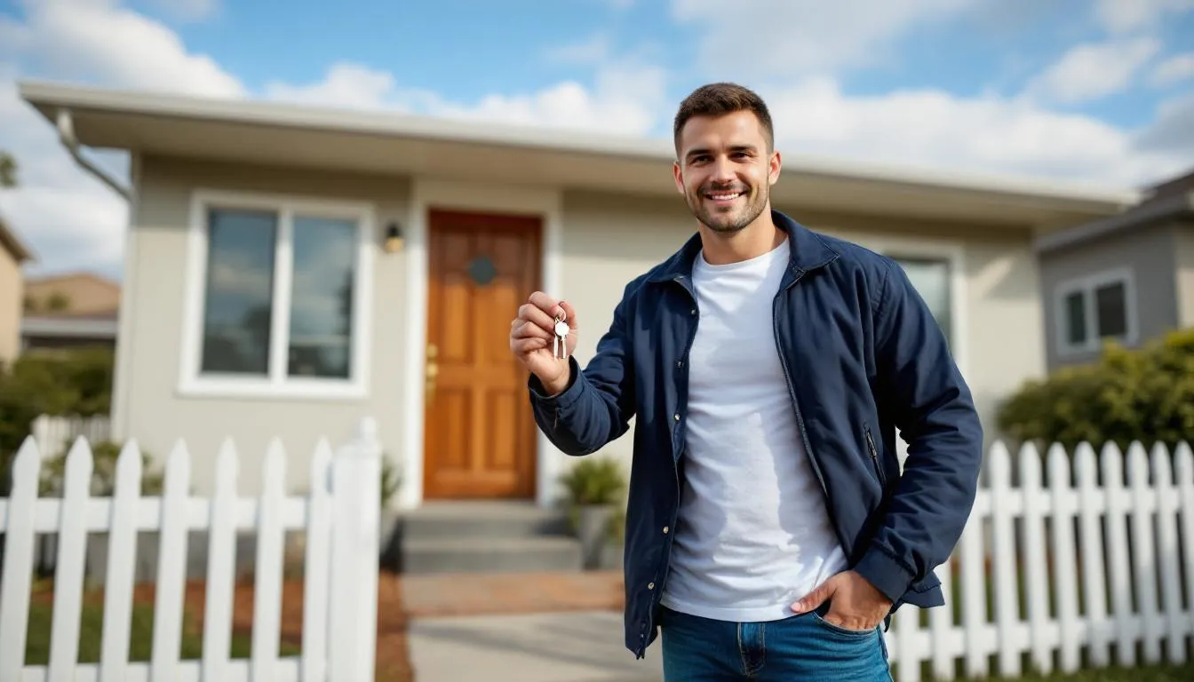 man holding house keys in front of home