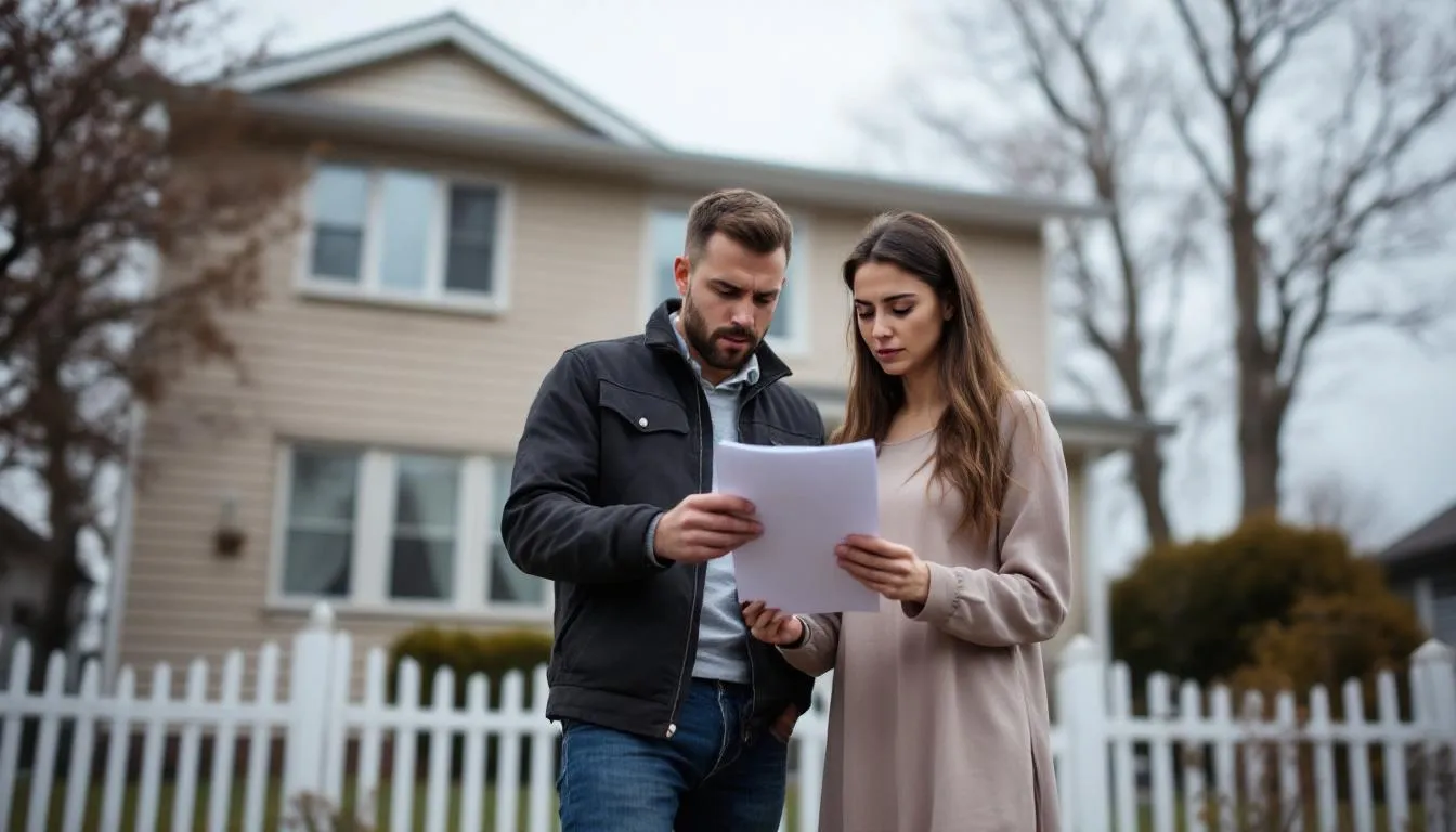couple looking concerned viewing house listing