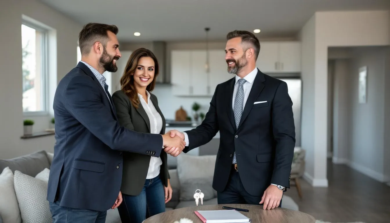 real estate agent shaking hands with homebuyer