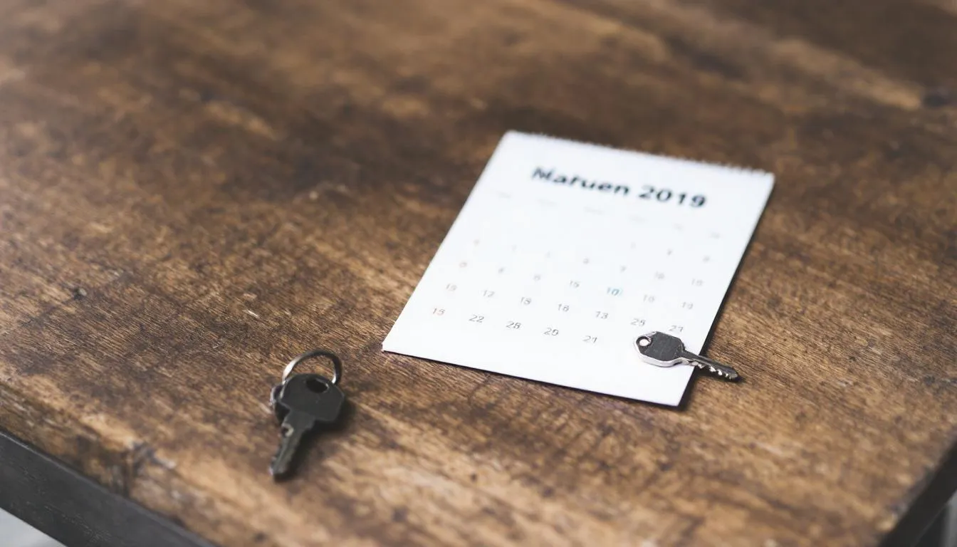 calendar and house key on wood desk