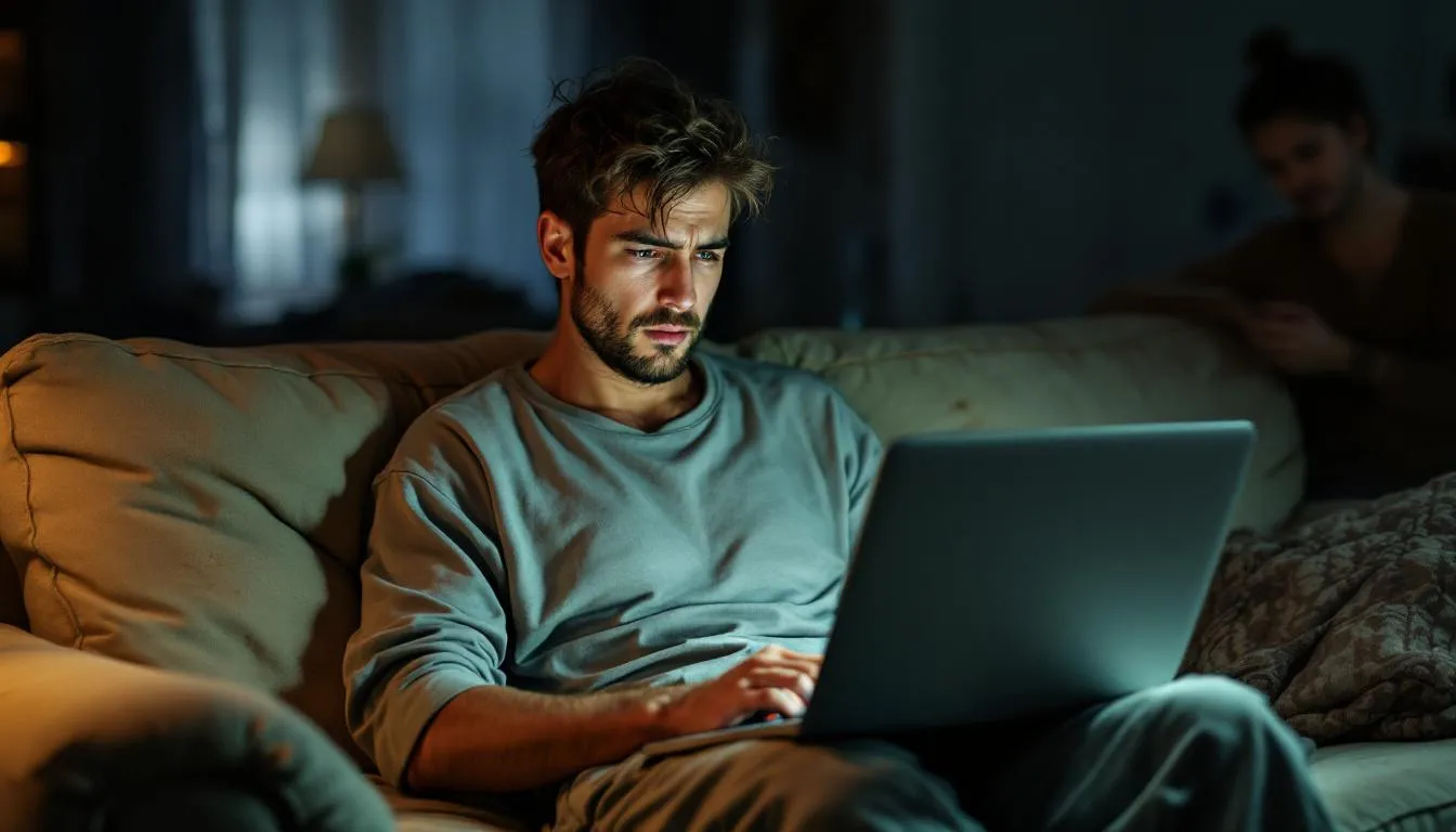 tired home seller sitting on couch looking at laptop