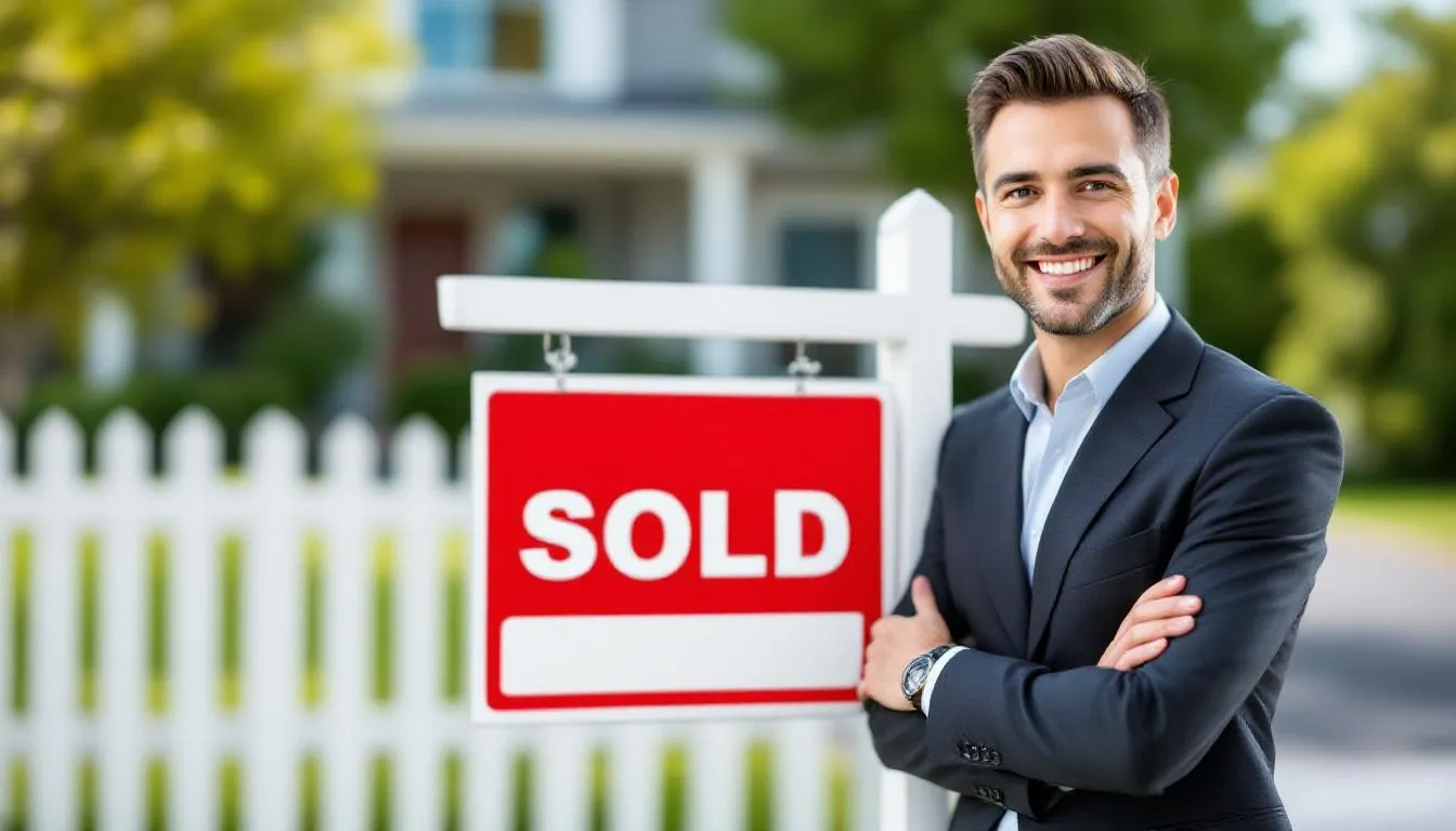 real estate agent smiling next to sold sign