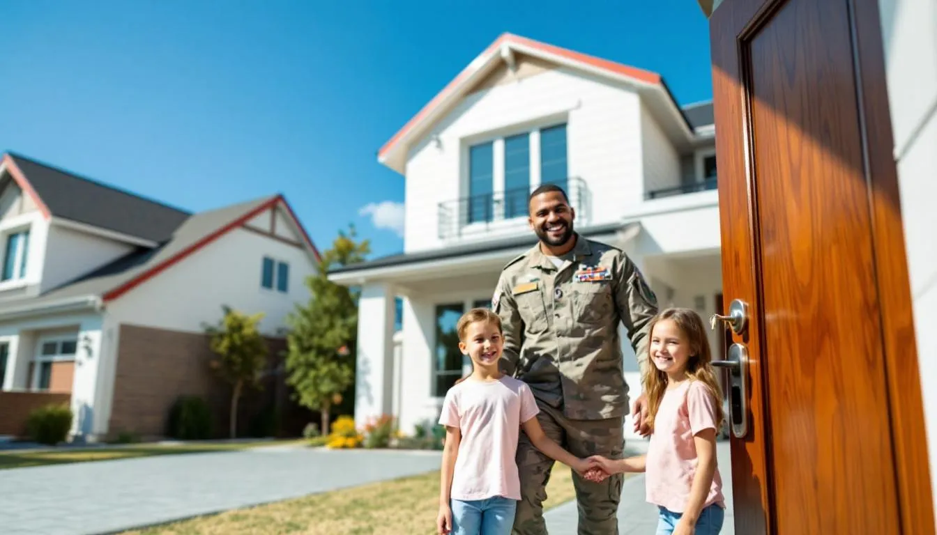 smiling military family outside new home