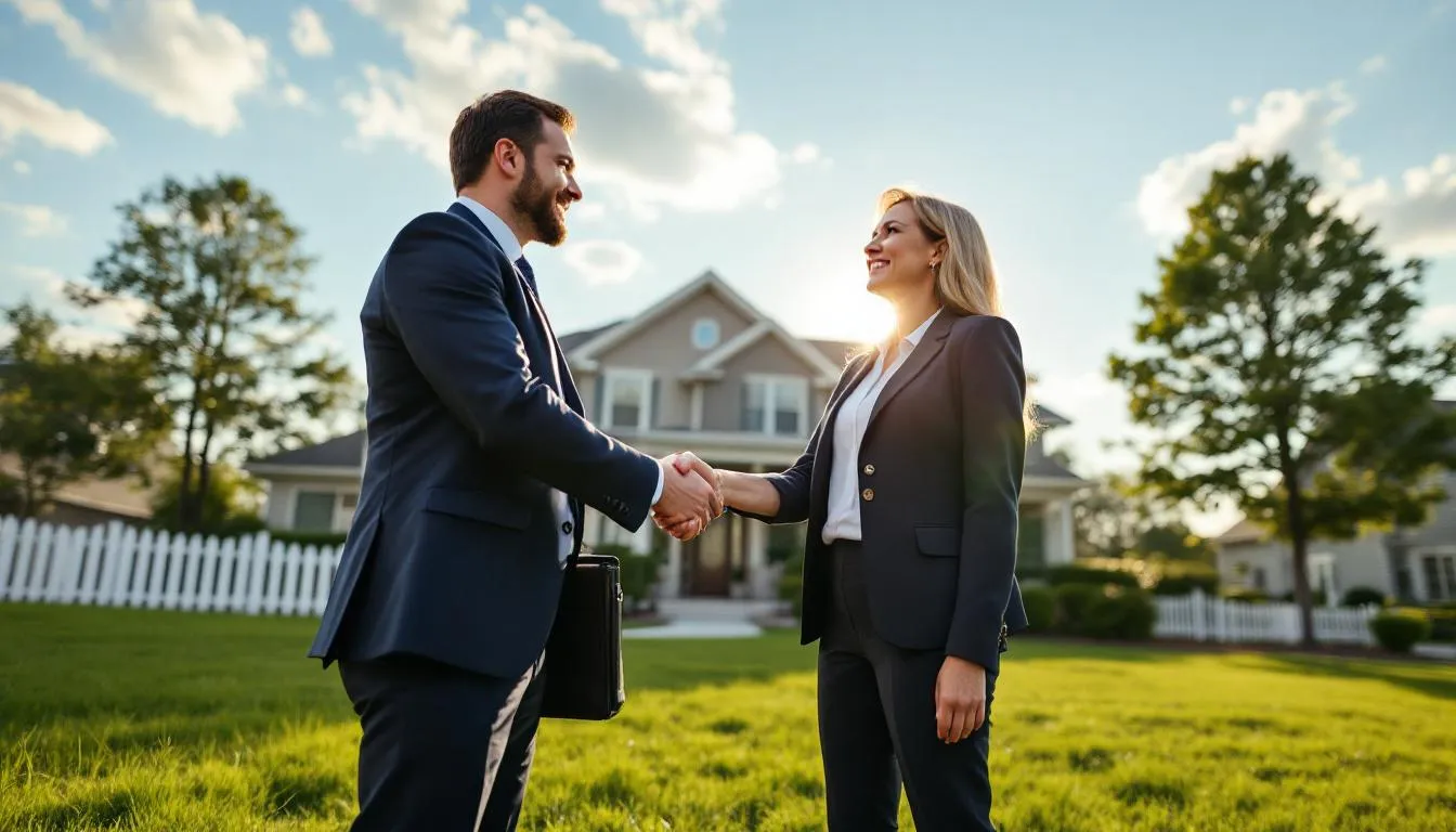 homebuyer and seller shaking hands outdoors