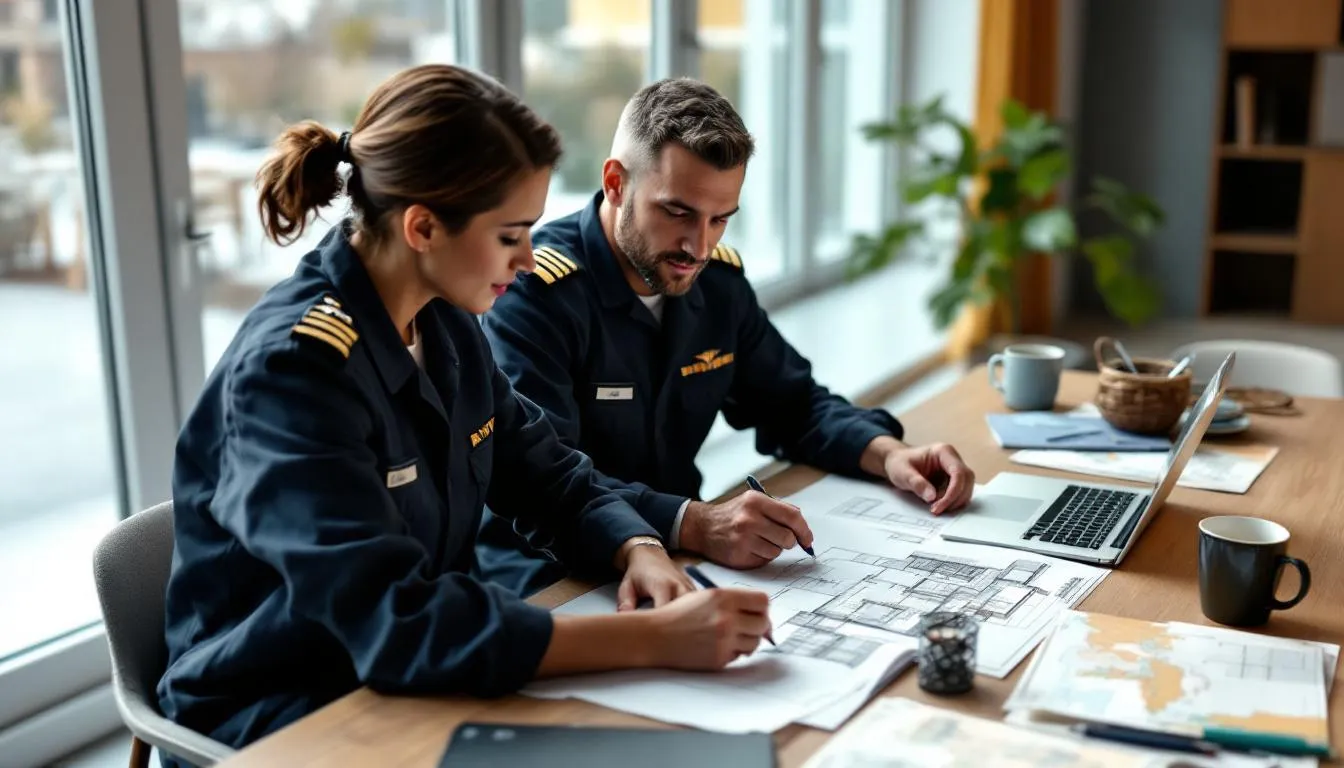military couple reviewing house plans at table