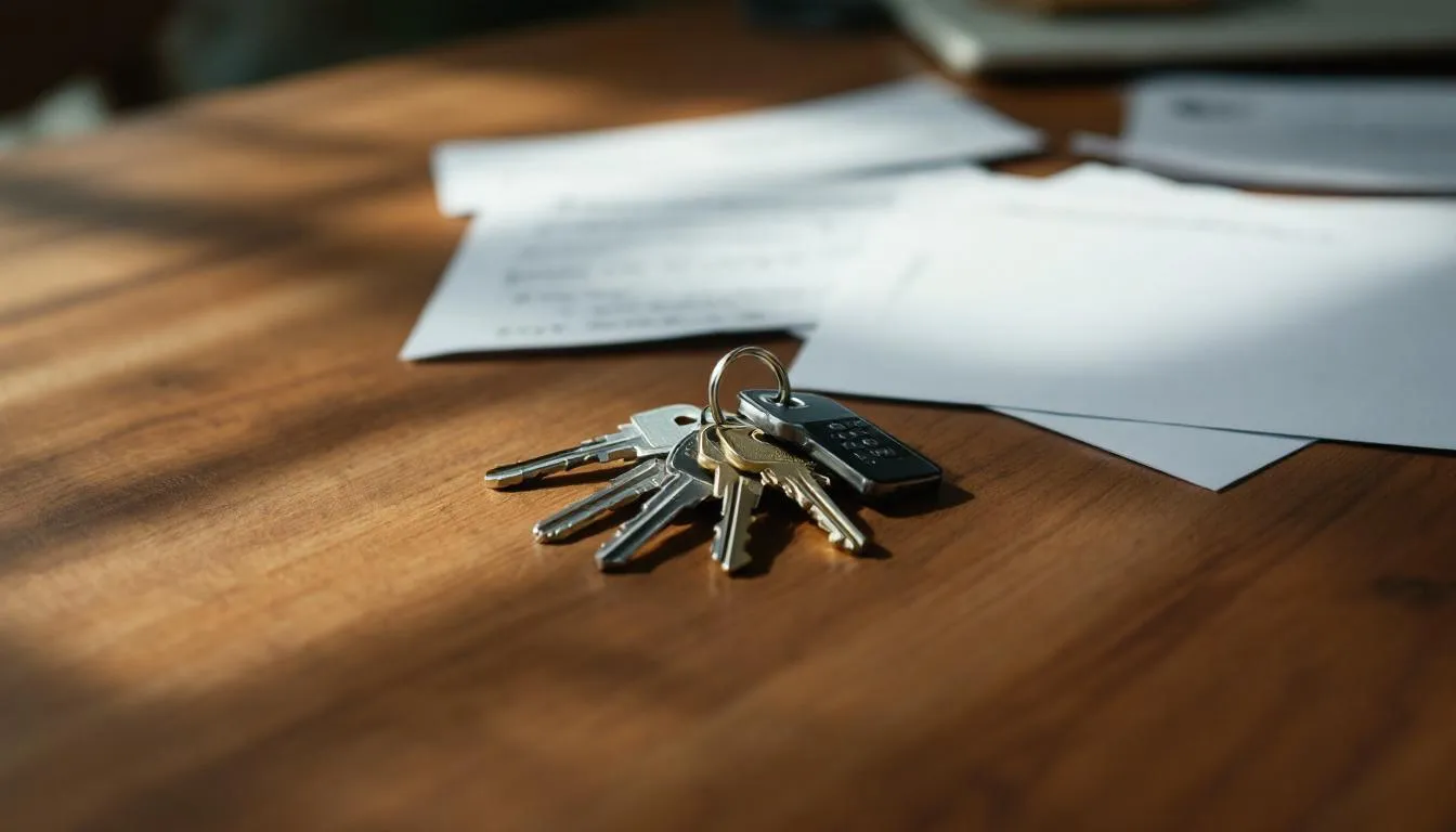 paperwork and keys on wooden desk