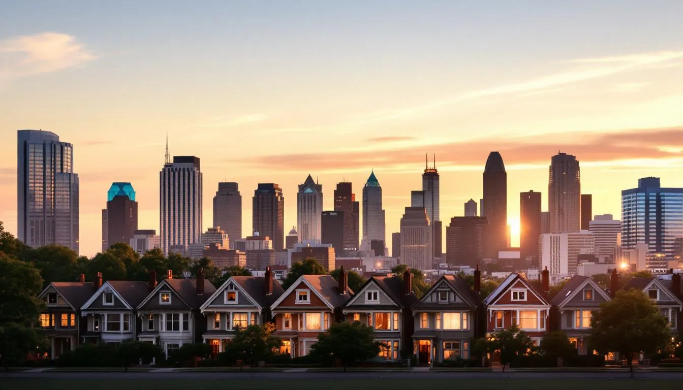 city skyline with residential homes in foreground
