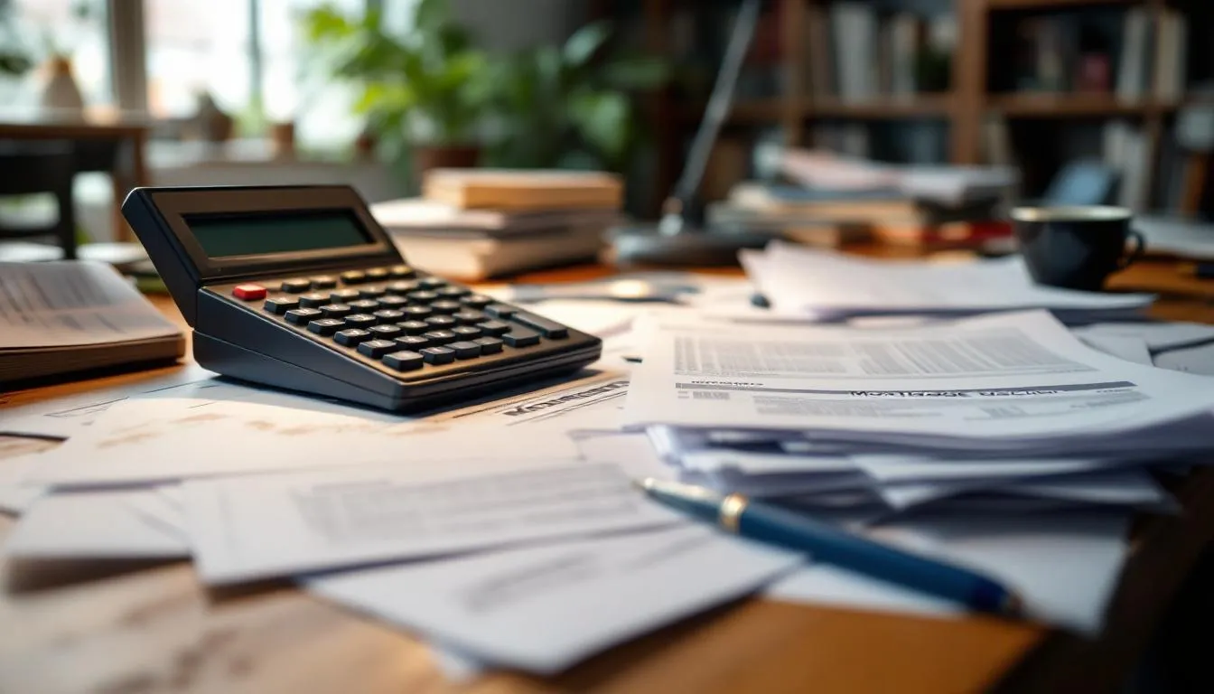 calculator and mortgage documents on desk