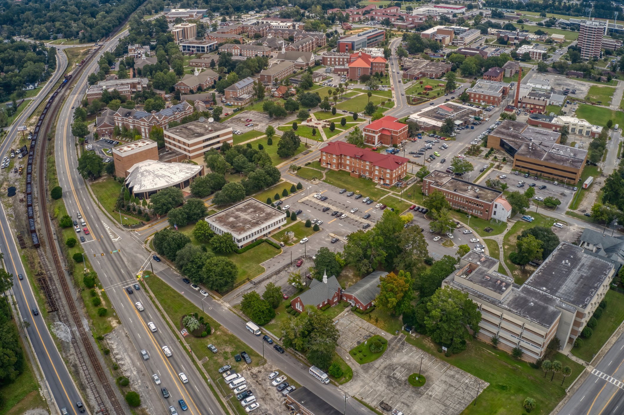 Aerial shot of a large Public State University in Orangeburg in South Carolina