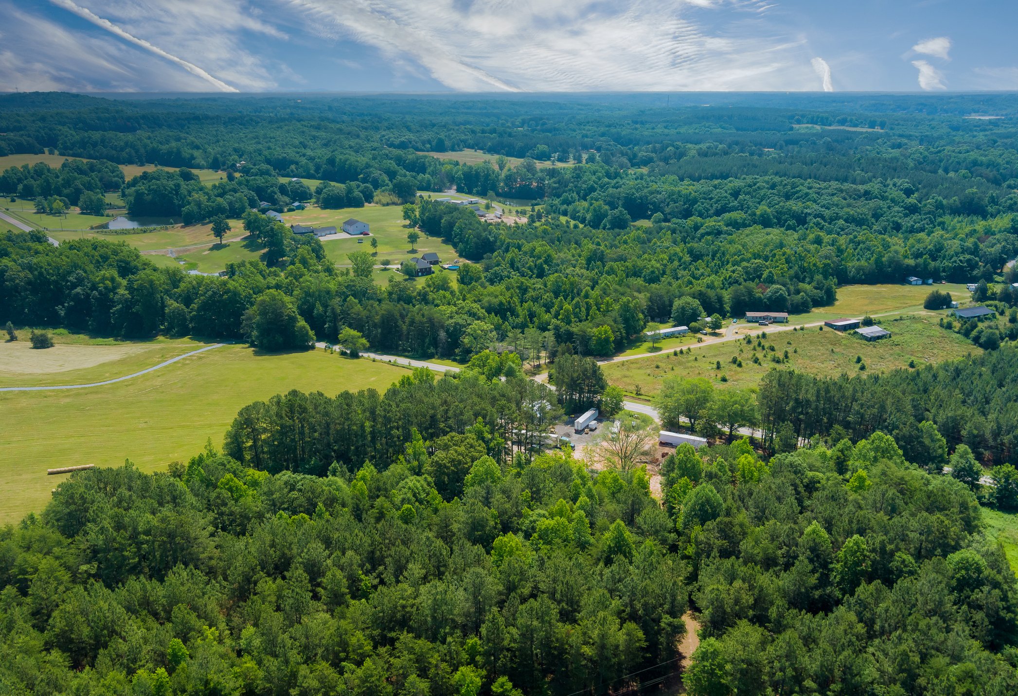 Aerial on green forest view at summer time with good weather by mountains in Campobello town , South Carolina