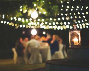 String lights for outdoor dining area.