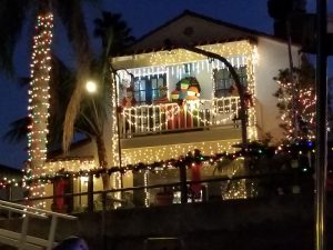 A Naples home decorated with lights and character cutouts for the holidays.