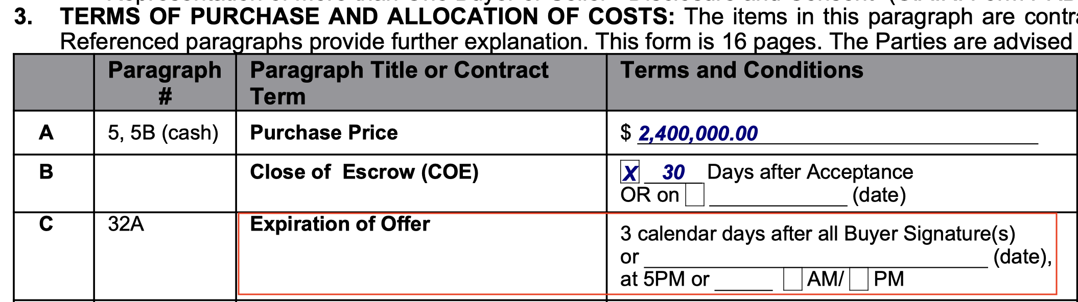 California RPA Offer Expiration Date