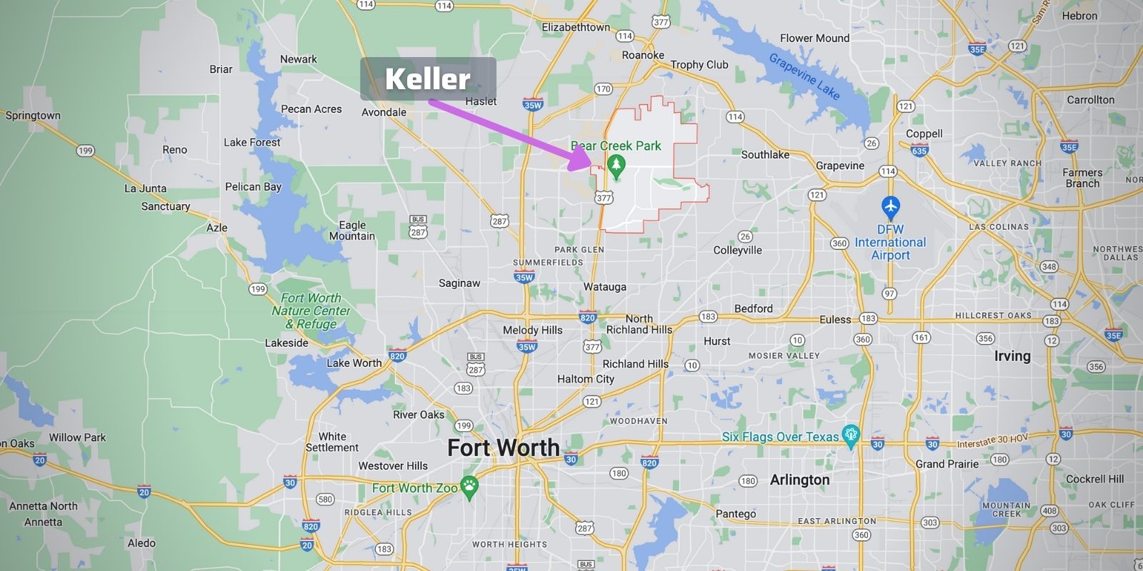 Map with an outline of Keller, TX