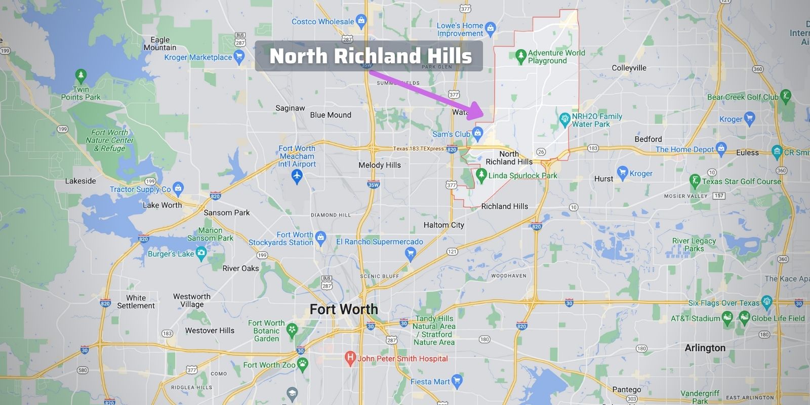 Map with an outline of North Richland Hills, TX