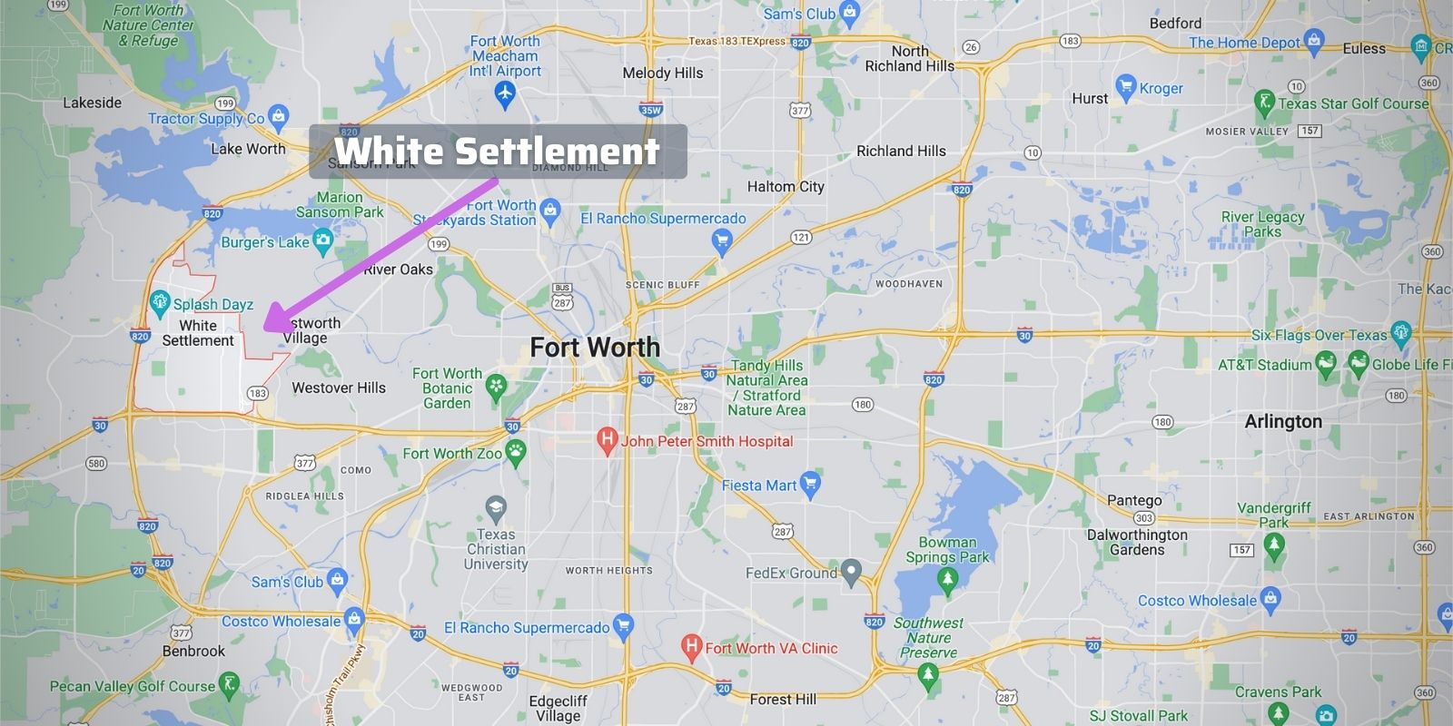 Map with an outline of White Settlement