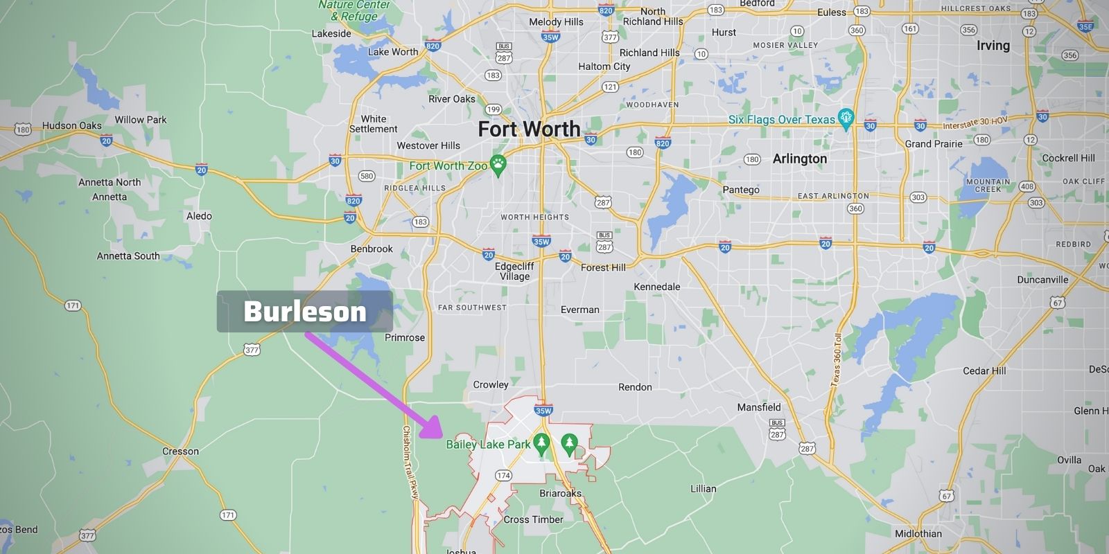 Map with an outline of Burleson