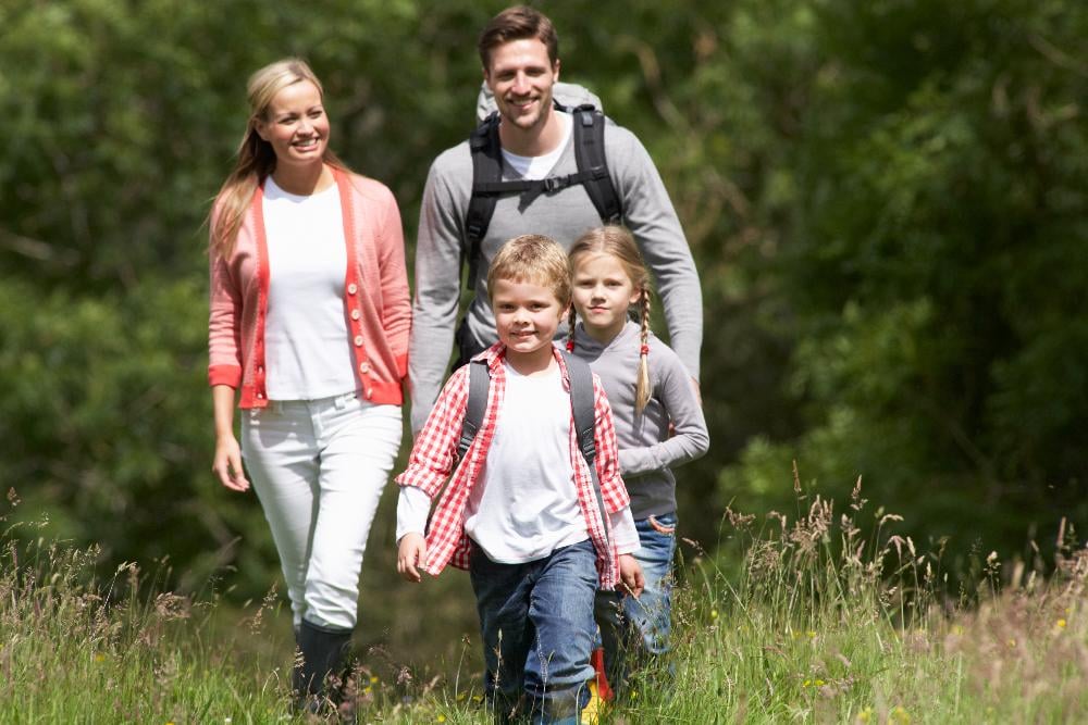 Family Hiking In Countryside