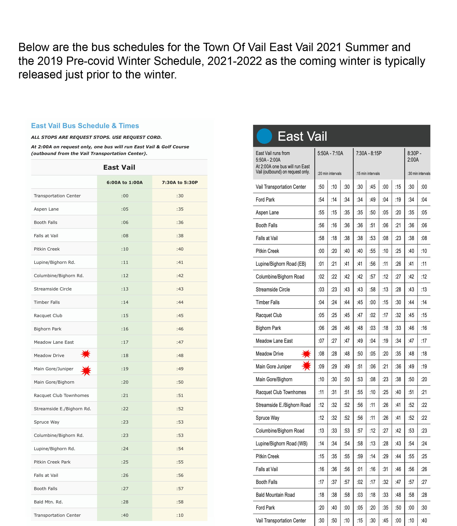 bus stop snowshoe lane or ute lane east vail